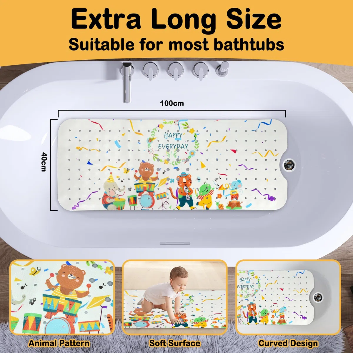 Alfombra Bañera Antideslizante Infantil, 100x40cm Bebe Alfombrilla Baño de PVC sin BPA, Alfombra Ducha con Ventosas, Bathtub Mat Niños, Lavable a Máquina
