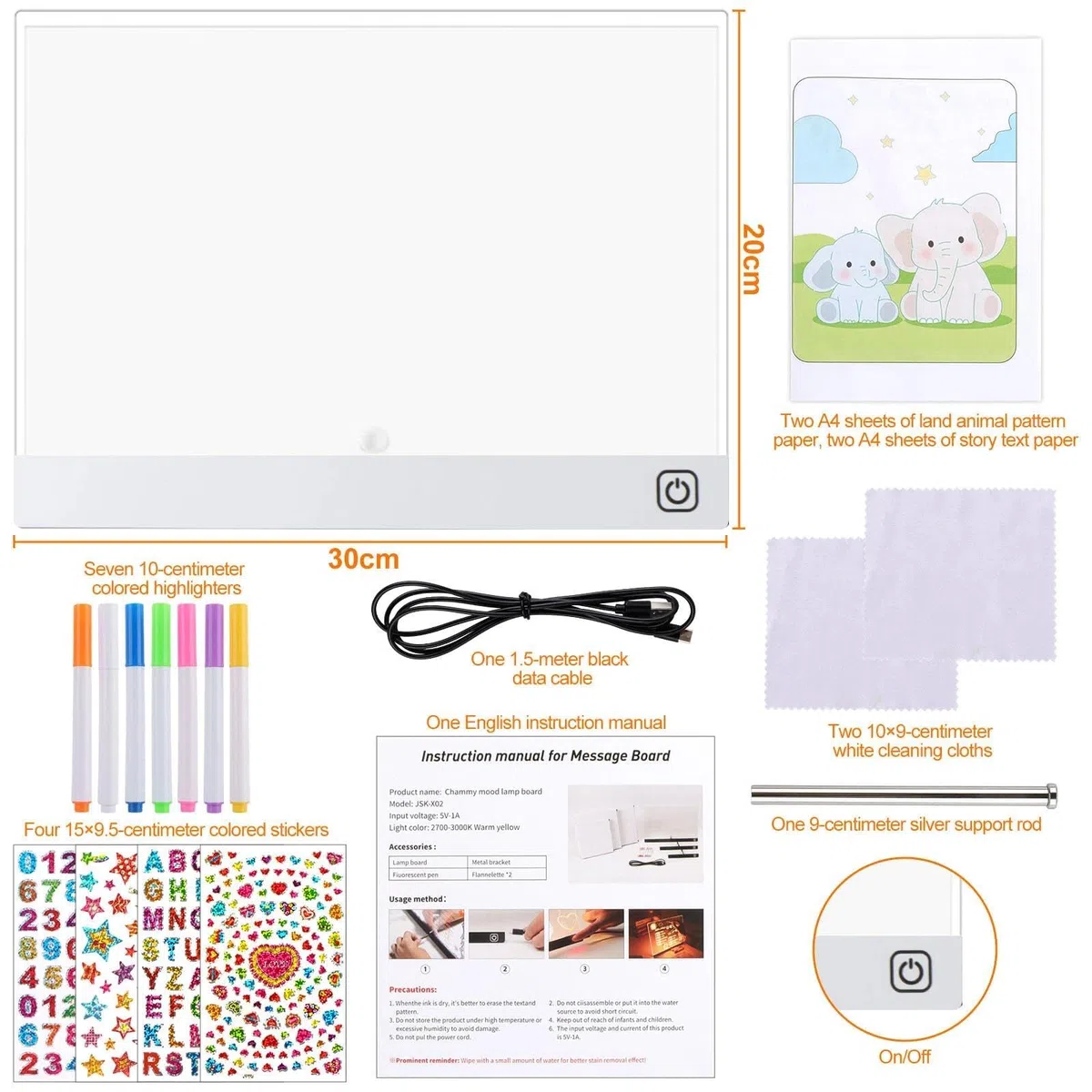 Pizarra LED DIY blanca para niños 30×20 cm Tablero Luminoso Acrílico Reutilizable con 7 Rotuladores Neón 4 Sets de Pegatinas Papel de Historias Paños Regalo Creativo Estudiantes & Adolescentes