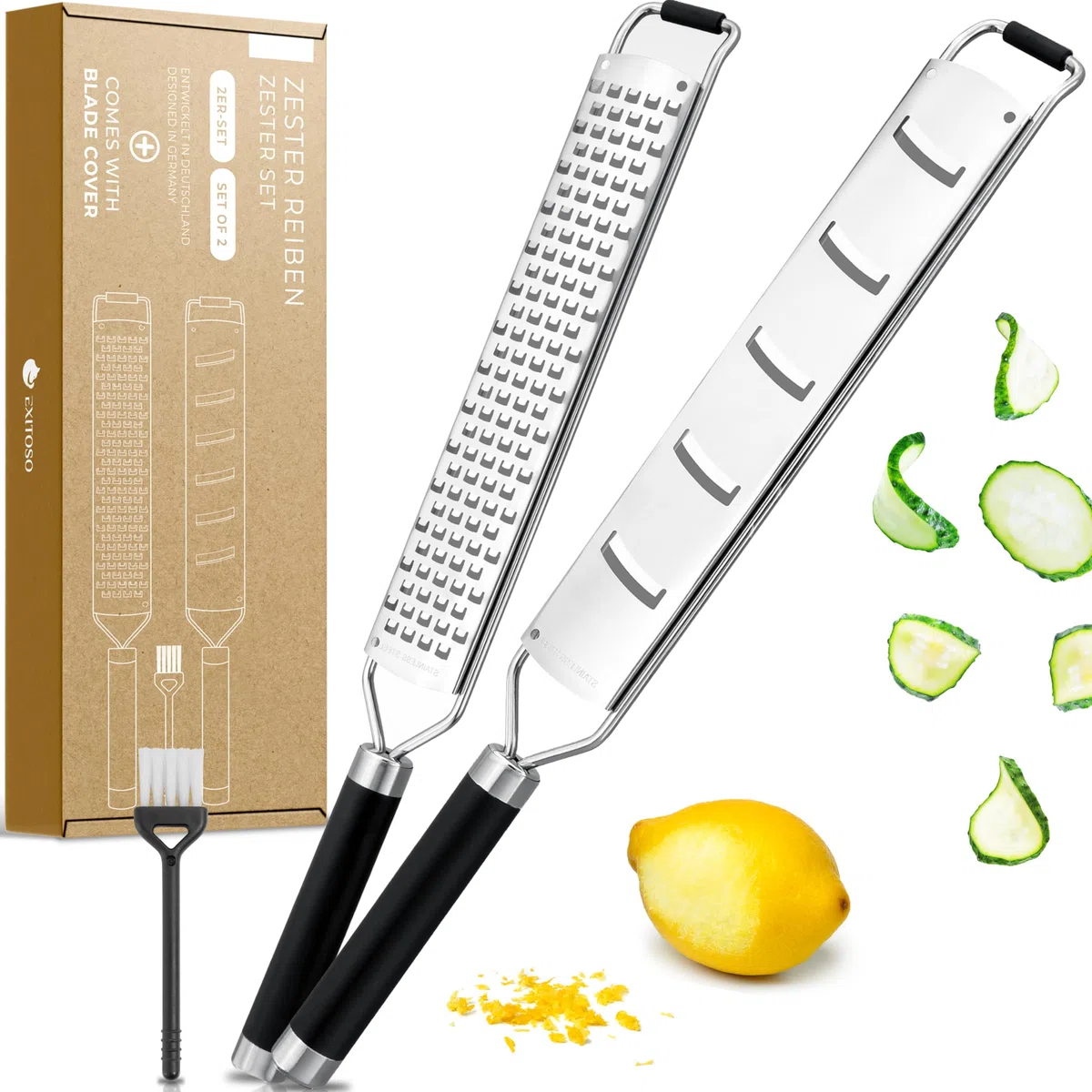 Exitoso Rallador Acero Inoxidable Protección Inclusiva - Juego de 2 Rallador de Queso Tomate Citricos Grueso y Fino - Rallador Limon Nuez Moscada - Rallador de Trufa