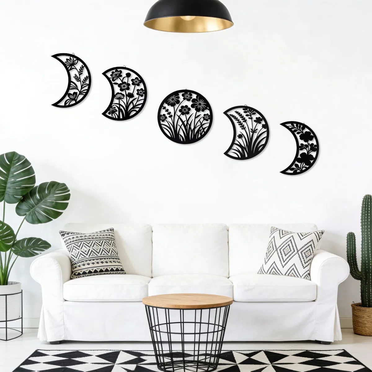Larber 5PCS Metal Negro Fase de la Luna Muro Decoración 18-25CM Fase de la Luna con Siluetas Florales y de Hierbas Boho Arte Estético Lunar para Dormitorio Regalo Baño Restaurante Pared