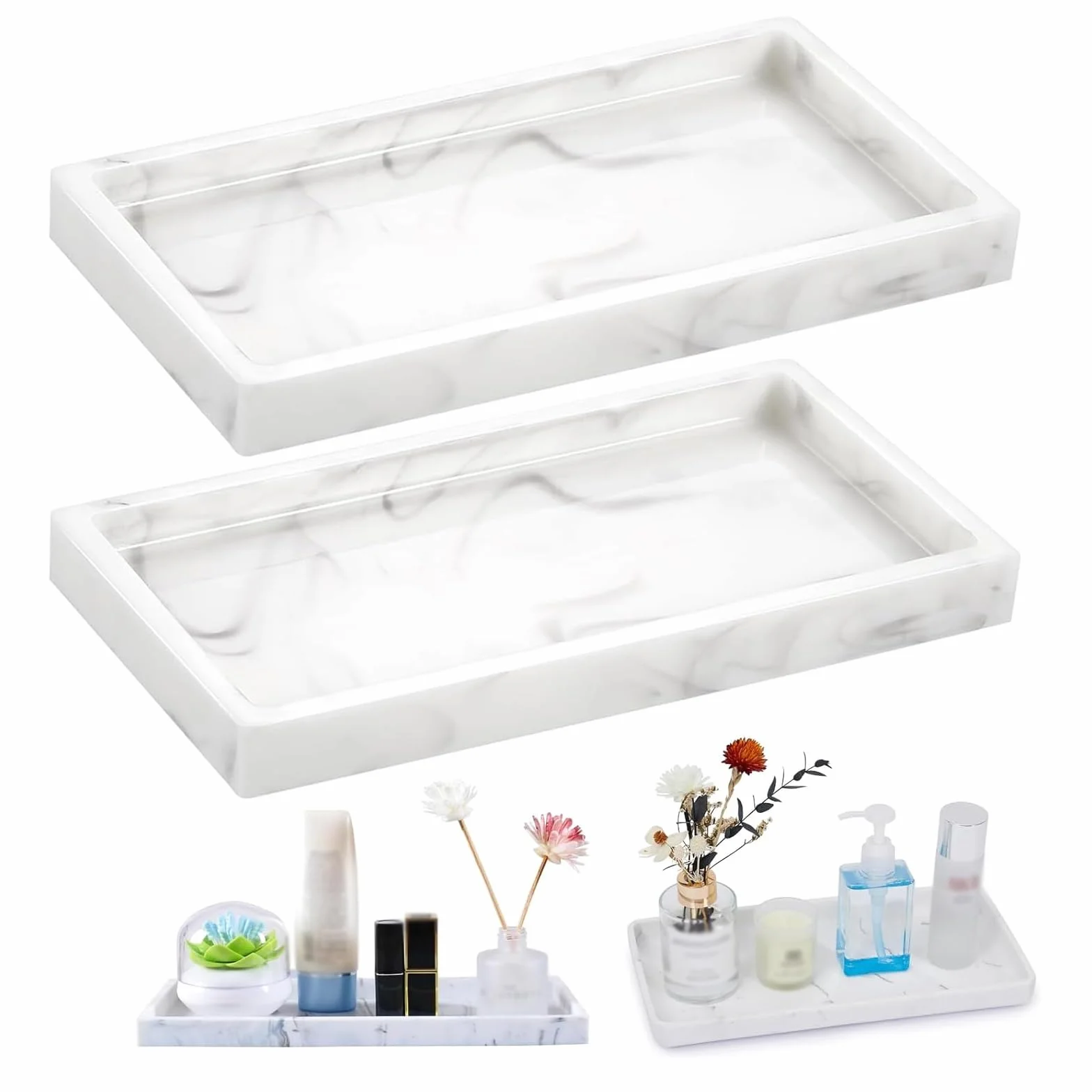 2 Piezas Bandeja de baño de Silicona - Elegante Efecto mármol, 20 x 10 cm Bandeja Rectangular, Bonita y fácil de Limpiar