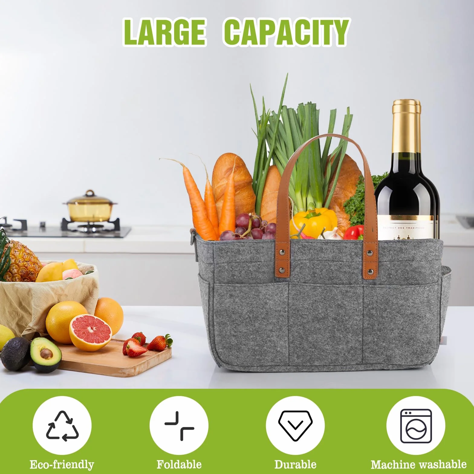 2 Piezes Bolsa de Fieltro, 16L Bolsa Compra Cesta de la Compra de Fieltro Plegable y Versátil con Compartimento y Bolsillo para Compras, Picnic, Leña, Juguetes - Gris Oscuro/ 38x23x18 cm