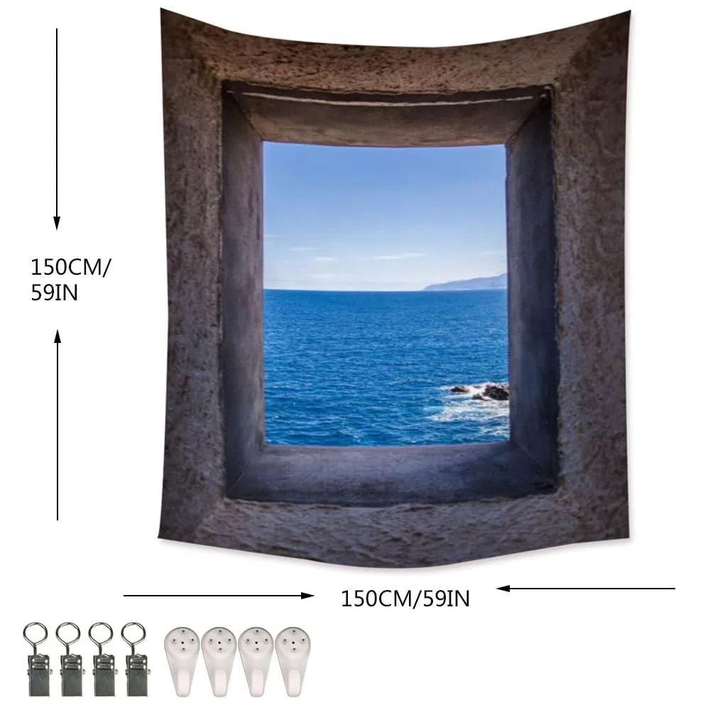 XIUYINHS Tapiz de naturaleza para ventana exterior, tapices de paisaje de playa, tapiz de pared con escenas, para decoración de oficina, dormitorio, interior y exterior, tapices de gran tamaño 1,5 m