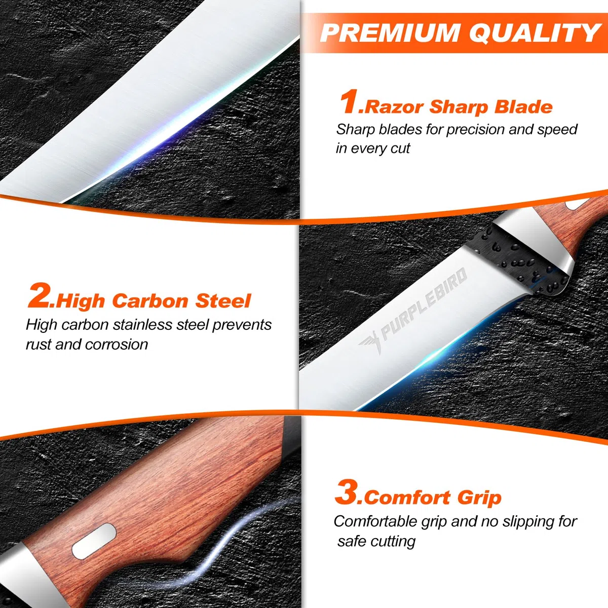 PURPLEBIRD Cuchillo de Filete Profesional, 15cm Cuchillo Deshuesar está Equipado con una Hoja de Acero Inoxidable, Cortar Carne con Mango Ergonómico de Madera