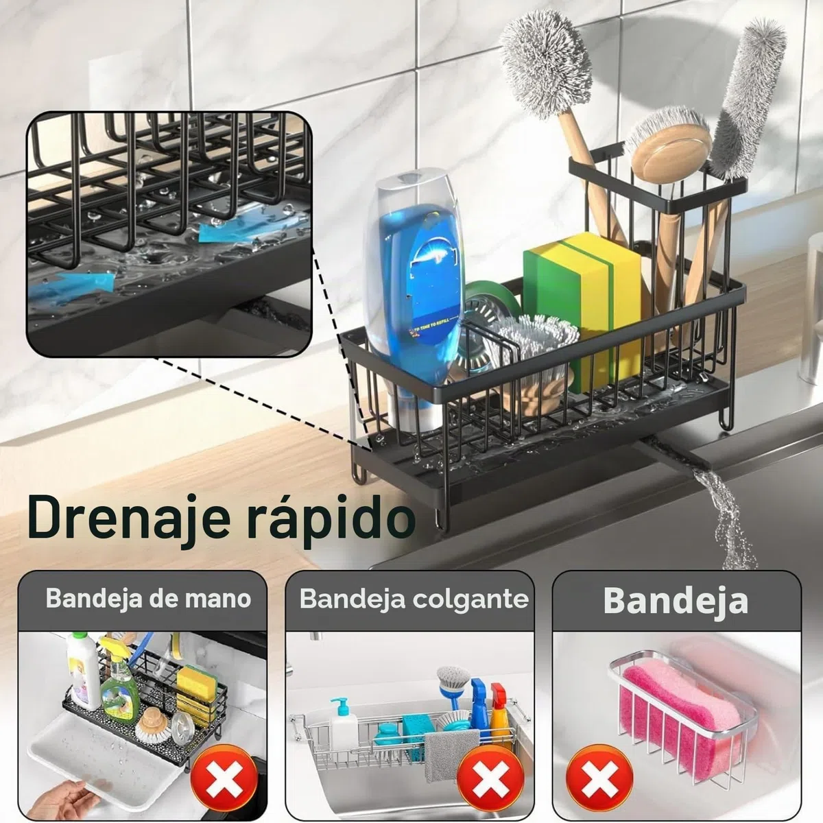 Organizador Bajo Fregadero Cocina, Soporte Esponja Cocina con Toallero, Estropajo Fregadero con Bandeja Drenaje, Porta Estropajos Almacenamiento Organizador, Negro