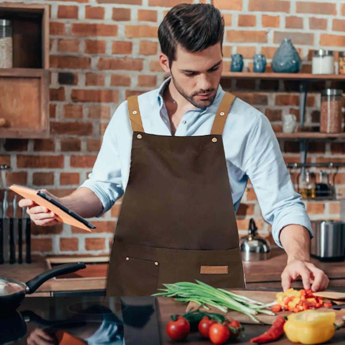 2 Piezas Delantal Cocina para Hombres y Mujeres, Delantales Chef, Mandil Camarero Ajustable, Mandiles Hosteleria Barbacoa Lona con 3 Bolsillos para Hornear, Restaurante