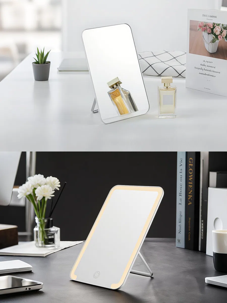 OMIRO Espejo de Maquillaje de Escritorio, Espejo de Mesa 21,4 x 13,7 cm con Soporte Plegable y Agujero para Colgar para Afeitar y Viajar, Blanco