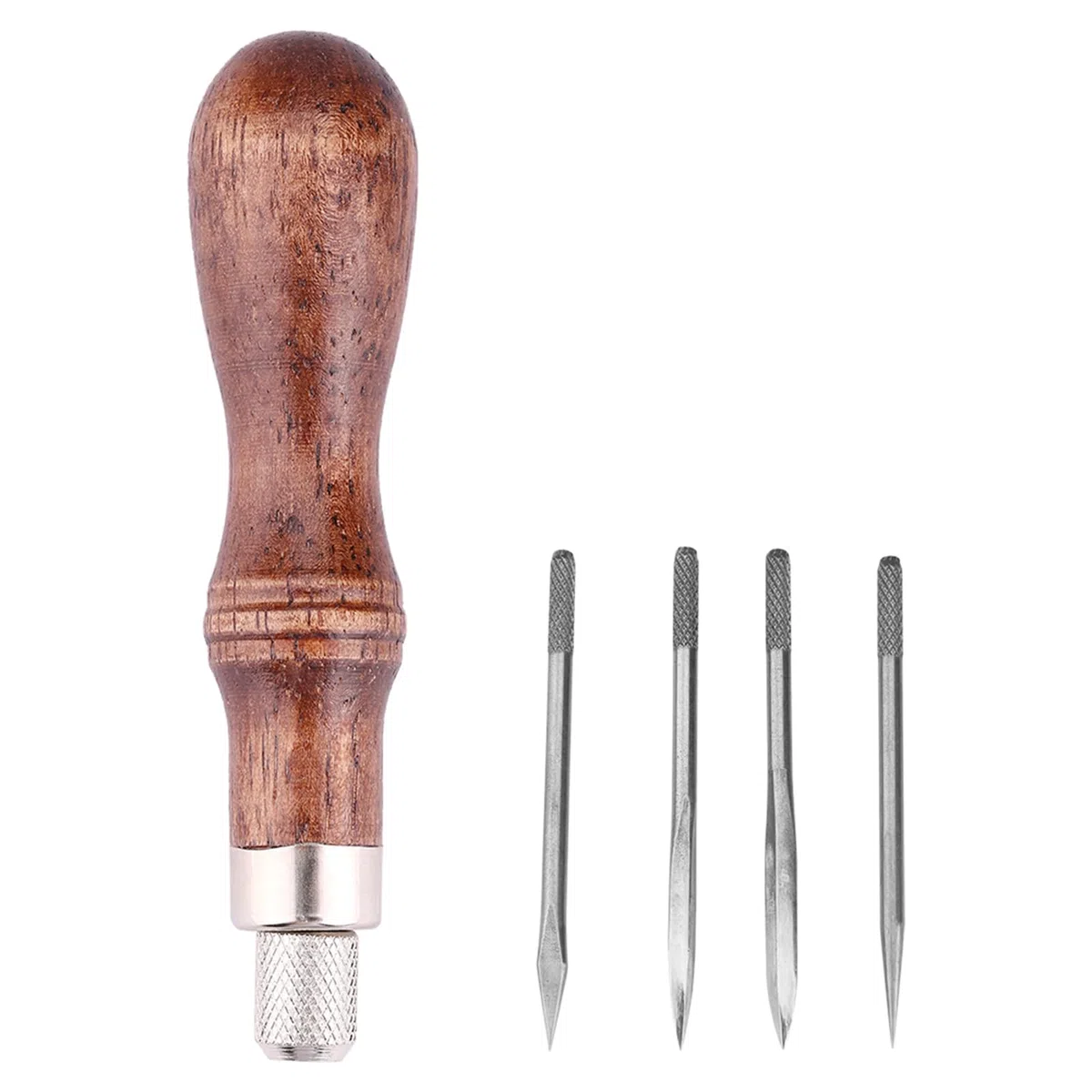 Lezna de Costura para Cuero con 4 Cabezales, Herramienta de Punteado y Perforación con Mango de Madera, para Principiantes y Artesanos en Manualidades de Marroquinería DIY