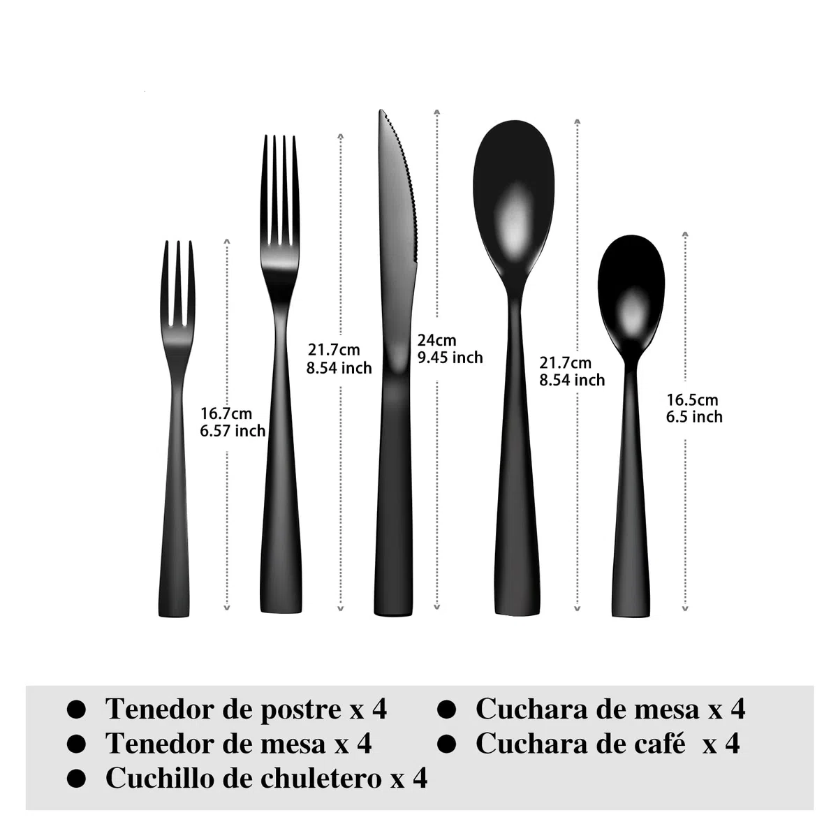 Otto Koning-Berlín-Juego de Cubiertos Acero Inoxidable de 20 Piezas-Chapado en Titanio Negro y Pulido Brillante, Espesor 4 mm y Cuchillo Chuletero. Una Cubertería Moderna para 4 Personas
