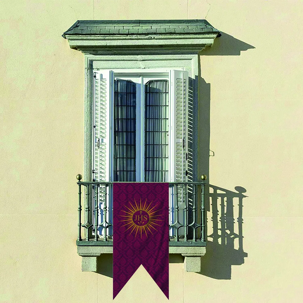 Porras E&B Balconera Colgadura Gallardete JHS Corona Semana Santa Religiosa en Tela con lazos 150x70 cm Damasco Rojo a 1 Cara