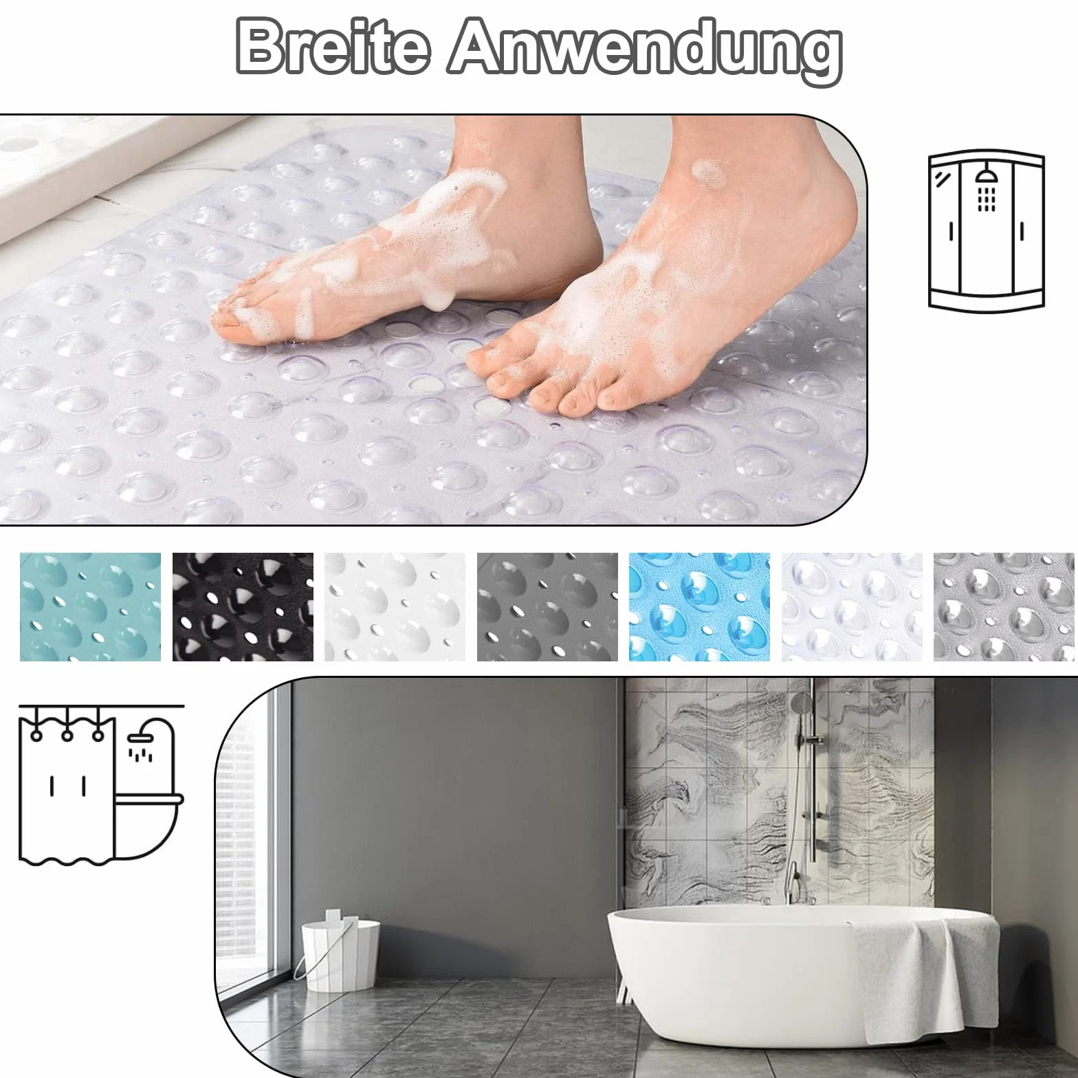Alfombra de Ducha Antideslizante, 53 x 53 cm Alfombra Antideslizante con Ventosas, Alfombrilla de Ducha Cuadrada para Sauna, Alfombrilla de Baño con Agujeros de Drenaje, para Saunas, Gris