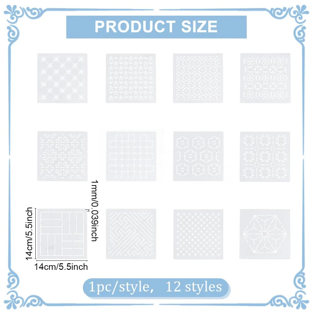 FREEBLOSS 12 plantillas de plástico Sashiko de 5.5 x 5.5 pulgadas, 12 patrones geométricos diferentes de bordado para Sashiko, acolchado a mano