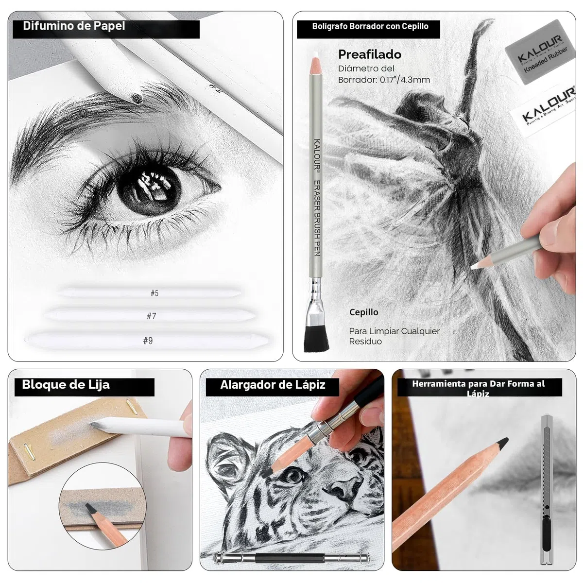 KALOUR PDAS - Juego de 39 lápices de dibujo profesionales (5H-14B), lápices de carboncillo blanco y negro para bocetos, borrador, pincel, carboncillo, lápices de arte para artistas y principiantes.