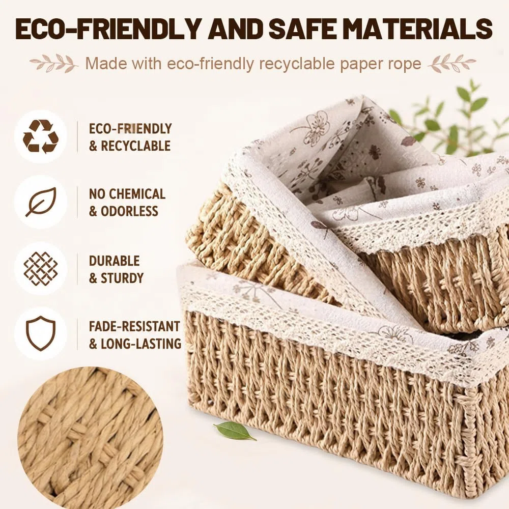 3 Cestas Almacenaje Mimbre con Forro,Cesta Organizadora Baño,SZMK Cesta Decorativa Pequeña,Cestas Tejidas Rectangulares,Storage Basket Small,Scesta de Almacenamiento Cocina para Salones, Armarios