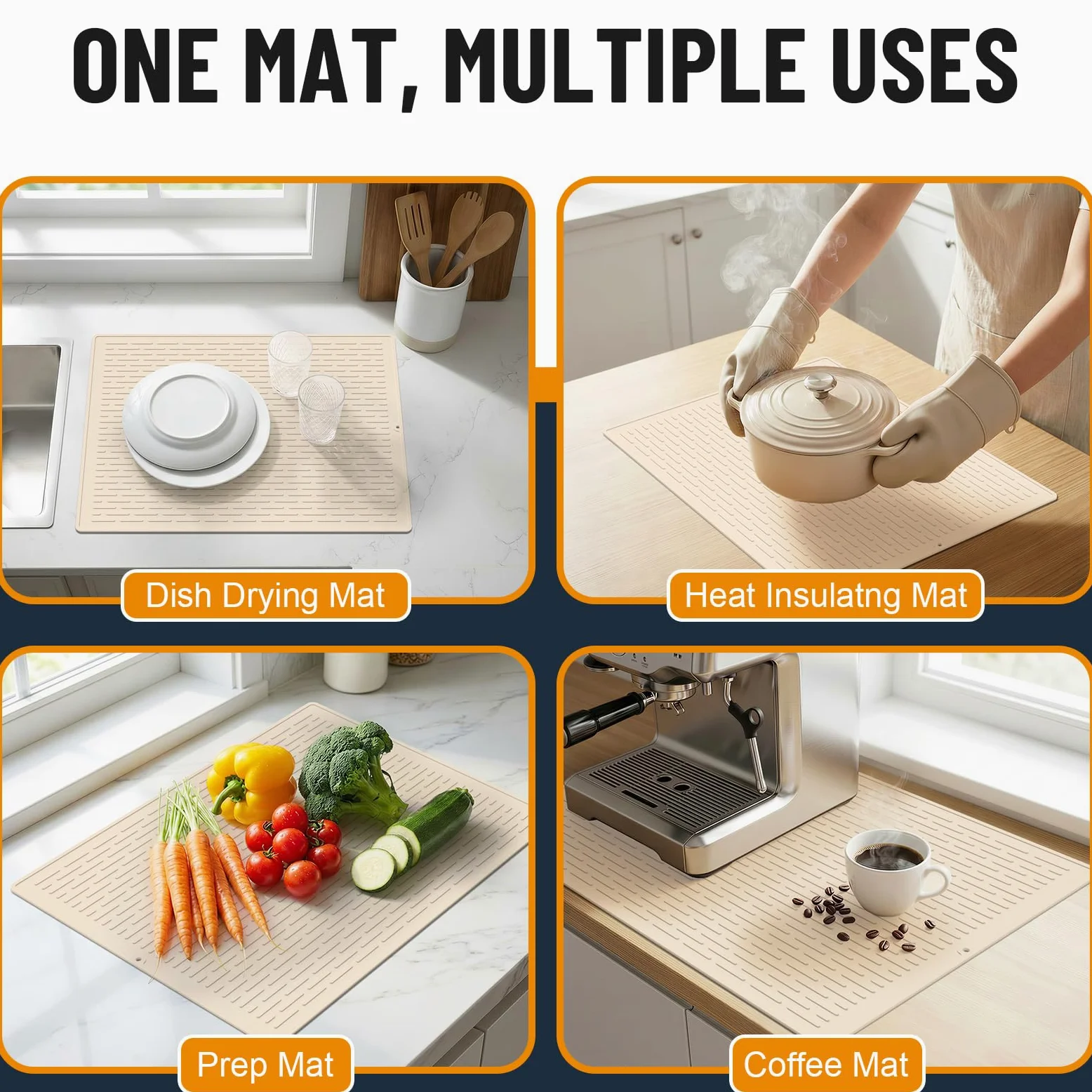 Alfombrilla de silicona para platos extragrande, 70 x 50 cm, antideslizante, resistente al calor, fácil de limpiar, alfombrilla de drenaje para cocina, encimera, fregadero, refrigerador, etc. (Beige)