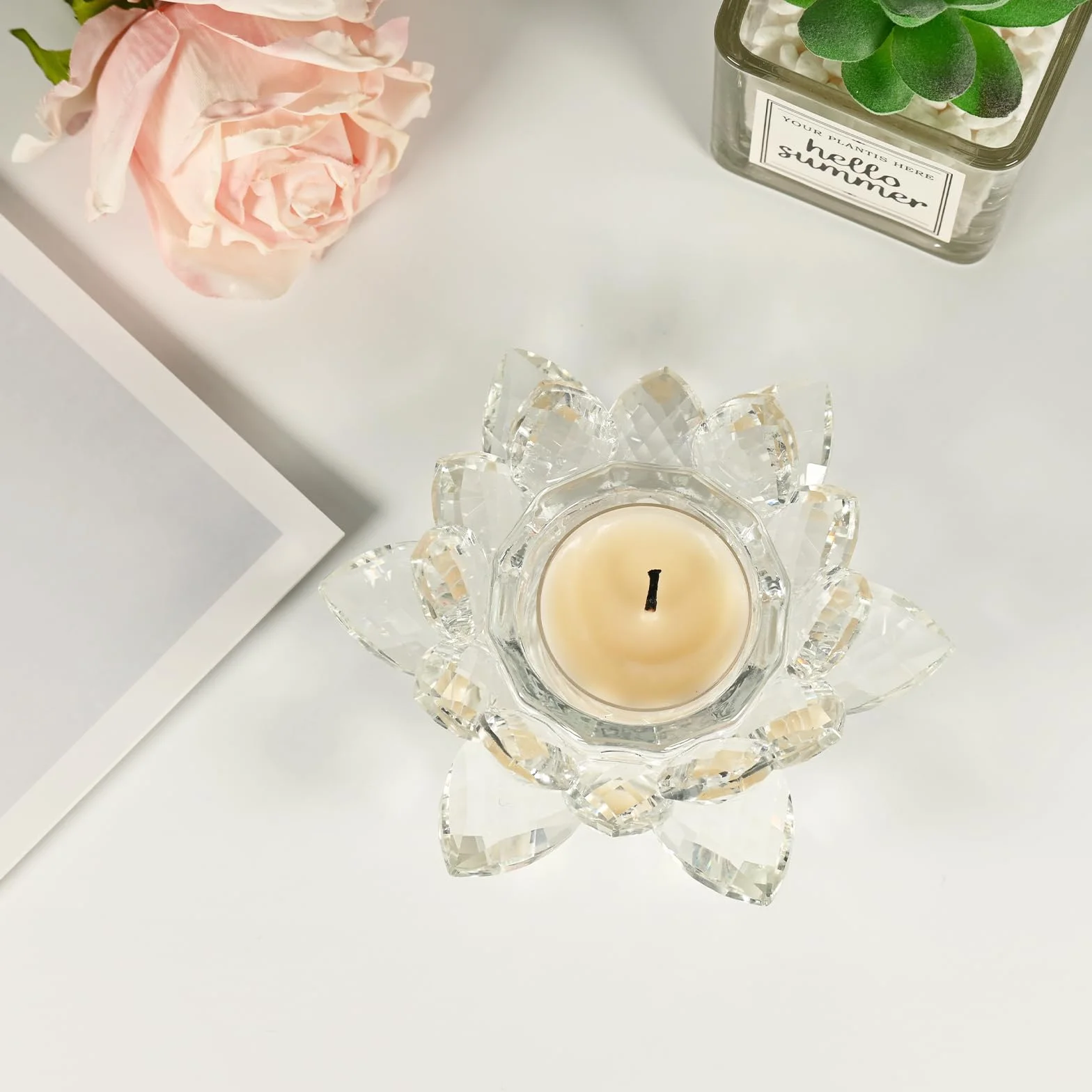 Porta Velas Cristal, Portavelas de Te de Flor de Loto, Portavelas Votivo de Cristal, Candle Holder de Vidrio para Decoración Navideña, Bodas y Fiestas en Casa (2)