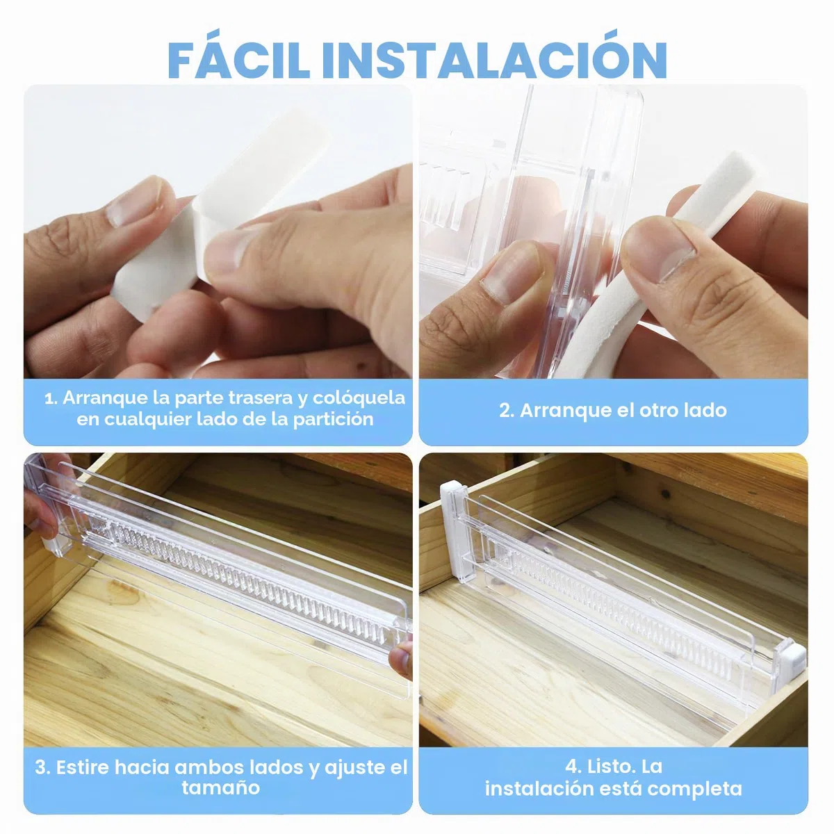 Separadores de Cajones Ajustables, Juego de 4 Divisores de Organizador Cajones Transparente Cajones Extensibles de Plástico para Tocador Armario Cocina Dormitorio Tamaño 28,8-50cm