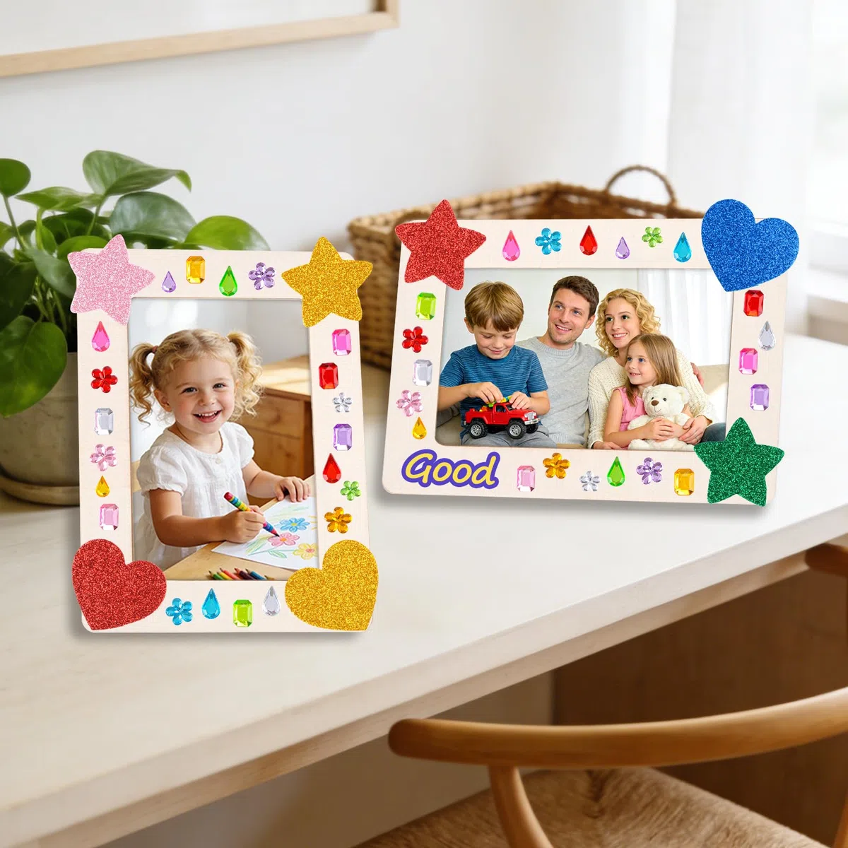 10 marcos de madera para pintar para niños,Kit de manualidades DIY para diseñar tus propios marcos de fotos de 19 x 14 cm,con 12 rotuladores y pegatinas, Ideal para cumpleaños infantiles, manualidades