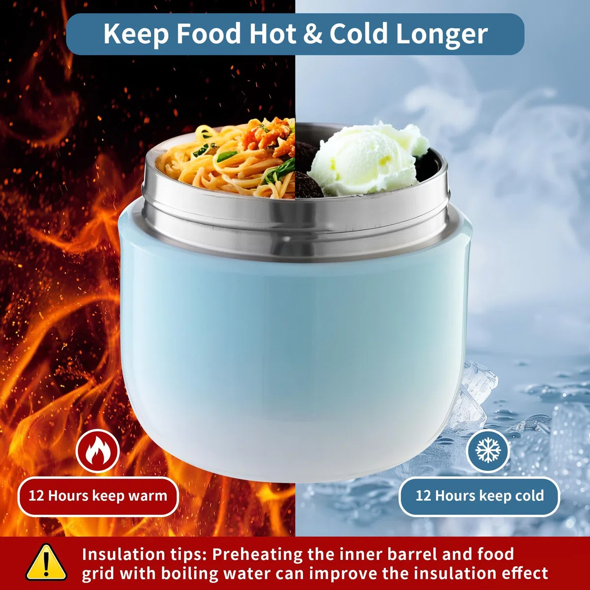 Recipiente Térmico para Alimentos 1200 ml Termo Comida Caliente Adulto con Cuchara Plegable Fiambrera Termica Para Guardar Comidas,Almuerzos,Gachas,Sopas (Azul)