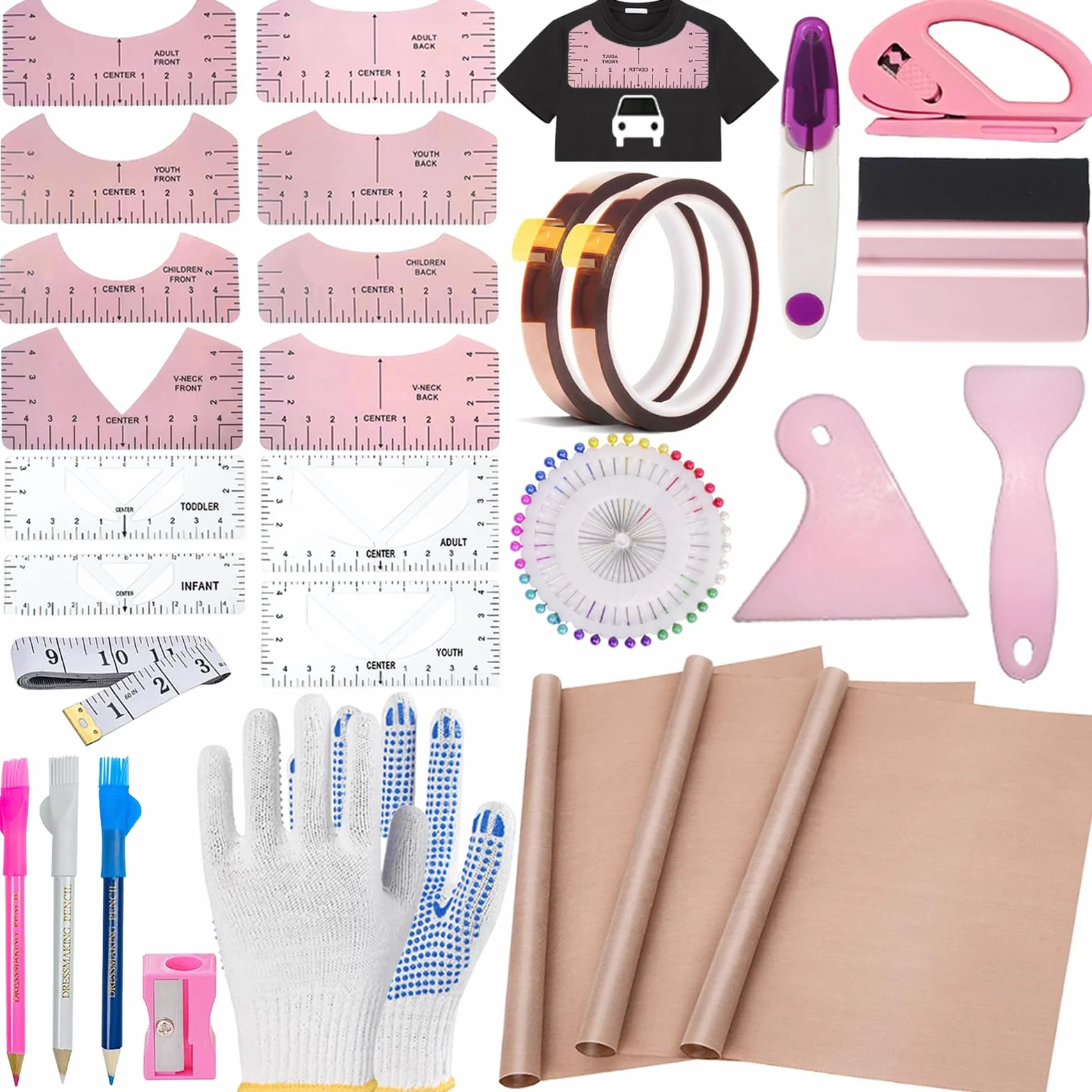 QUKLOGEN 68 Piezas Juego de Herramientas para Camiseta de sublimación,lámina de teflón para Prensa de Transferencia,Camiseta Ruler Guide Alignment para Accesorios de Costura, Accesorios de Plotter