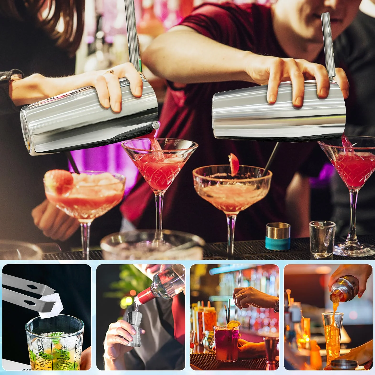 750ML Coctelera, 5 Piezas Juego de Cocktail Shaker INOX, coctelera Profesional Herramientas con Medidor, Cuchara, para Mezclar Bebidas, Hogar, Barra, Fiestas (Plata)