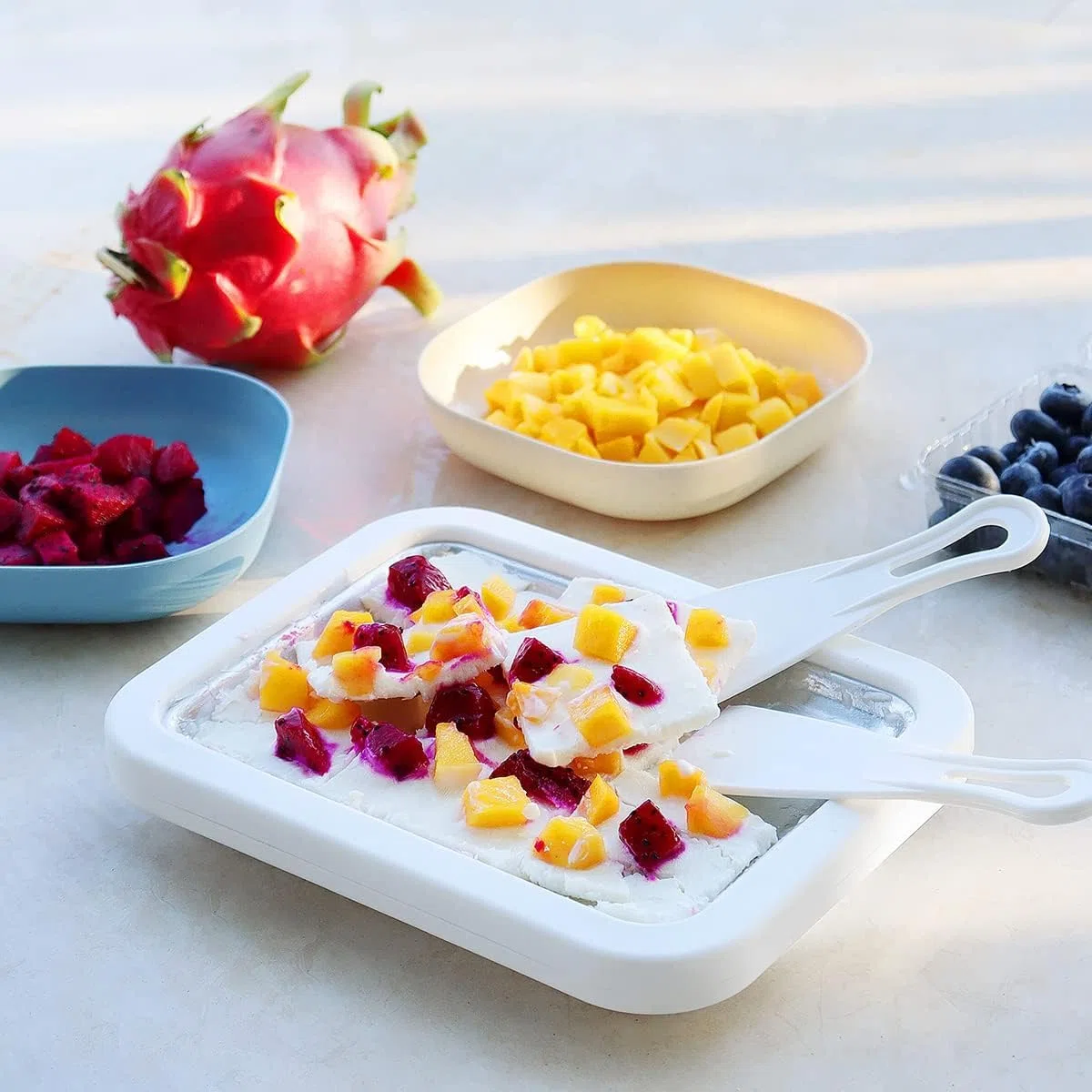 Plato para hacer rodillos de helado con 2 espátulas, placa para hacer sus propios rollos de helado, Máquina de helados, heladora para sorbete, yogur helado, gelato