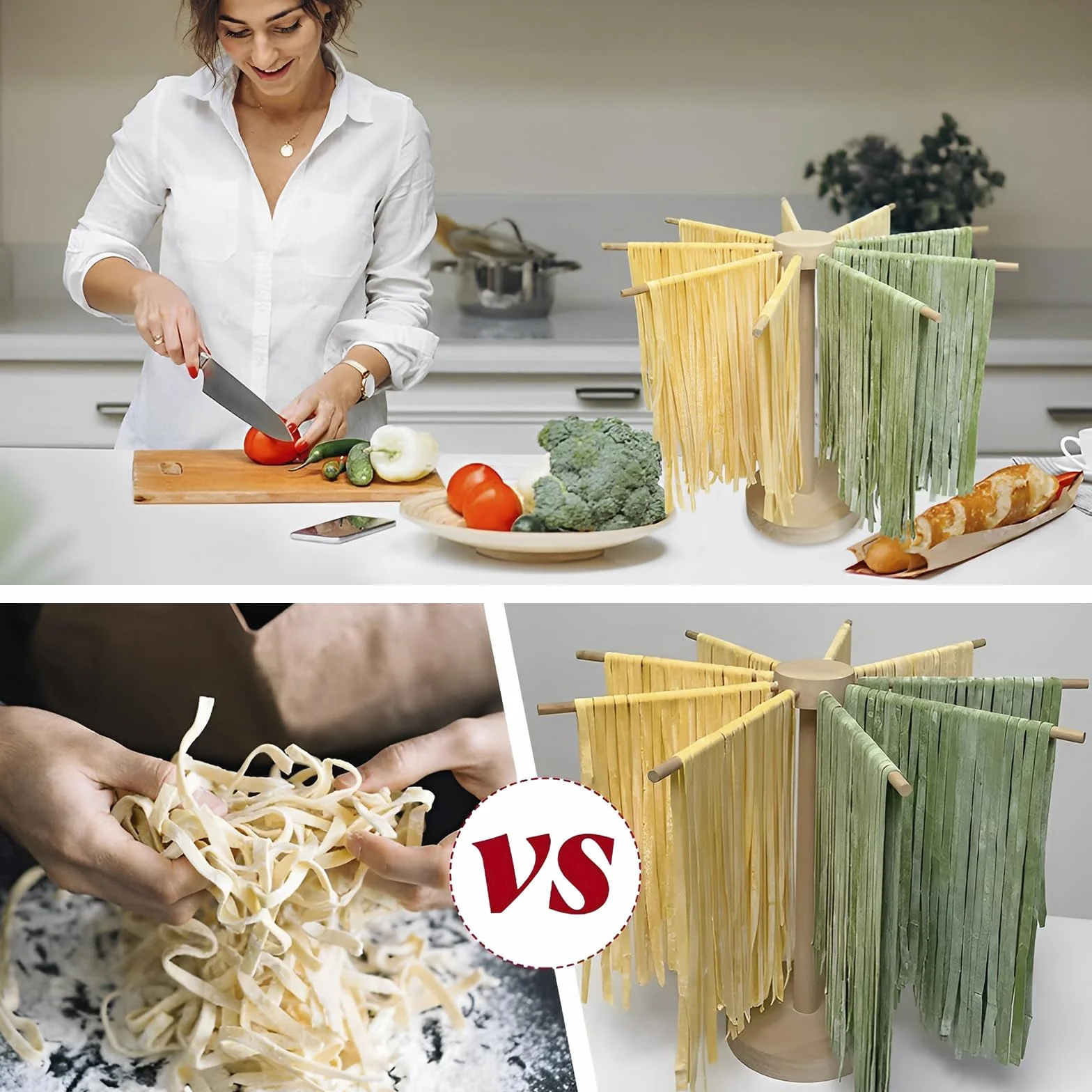 Secador de pasta de madera, 46 cm x 40 cm, para hasta 4,5 kg, con 9 brazos extraíbles, reutilizable, para pasta y fideos (A)