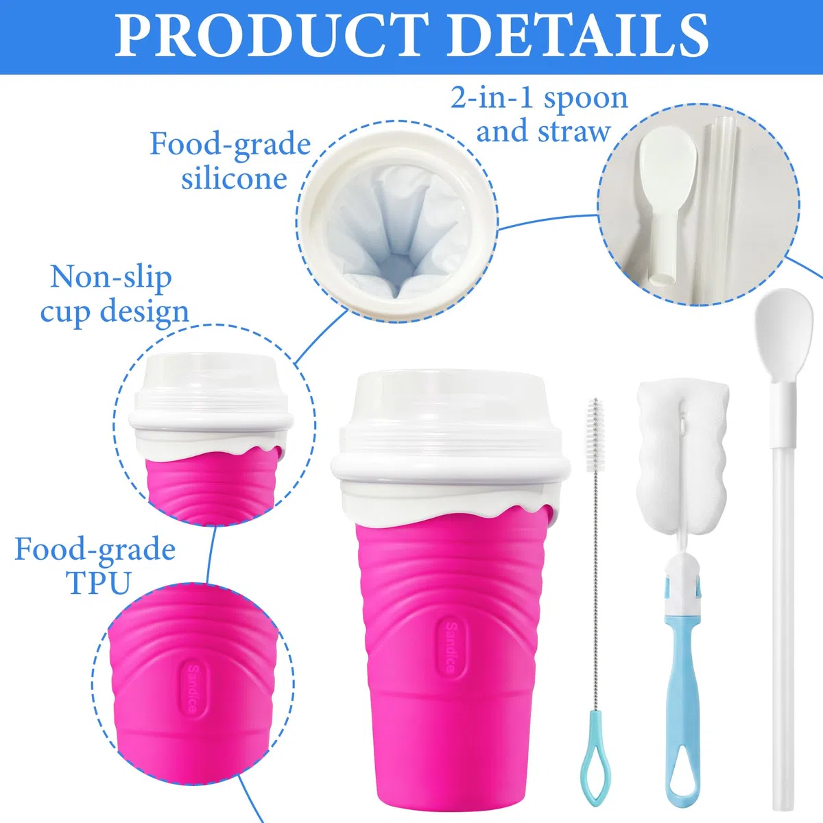 500 ml Taza para Hacer Granizadosen Silicona, Slushy Maker Reutilizable con Cuchara-Pajita 2 en 1 y Cepillo de Limpieza, para Smoothies, Batidos y Bebidas Frías Caseras, para Niños y Familia (Rosa)
