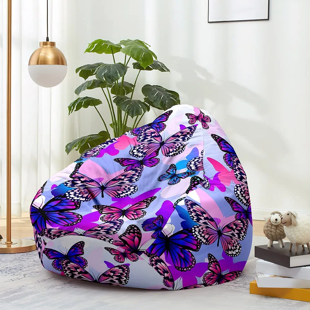 Fansu Puff 3D Mariposa Puff Salon Bean Bag Grande para Adultos y Niños, Puf Sin Relleno Bolsa Almacenamiento de Ropa, Puff Infantiles para Uso Interior y Exterior (90x110cm,Púrpura)