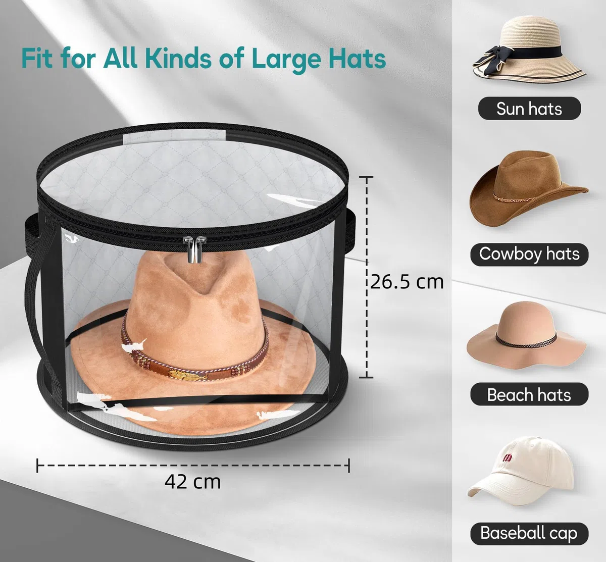 Porta Sombreros con Ventana Transparente, Organizador Grande para Armario y Viaje - Compatible con Sombreros de Cowboy, Damas y Ala Ancha (4 Piezas, Negro)