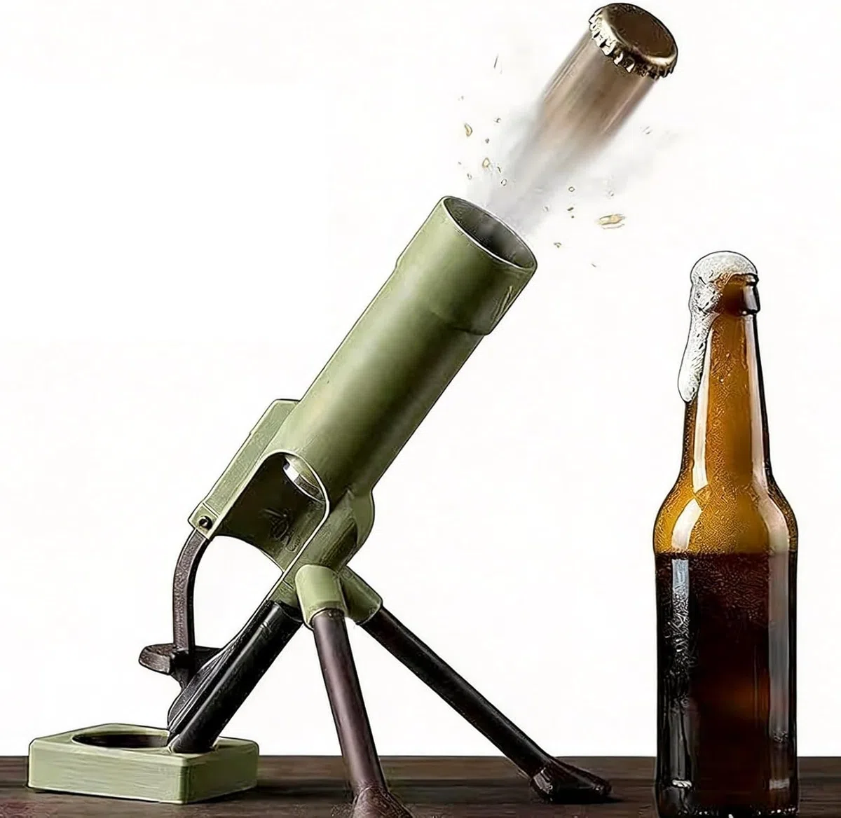 Abrebotellas tipo mortero con expulsión de cápsula, diseño cañón, apertura por presión, para botellas de 300 ml – ideal para bar en casa, fiesta y regalo divertido para hombres