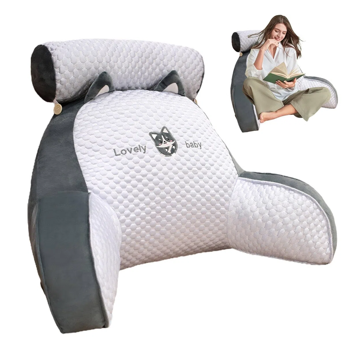 Cojín para cama de lectura, respaldos para sentarse en la cama, cojín de lectura para cama, cojín para el respaldo de la cama, cojín cómodo con reposabrazos, cojín de lectura para adultos,