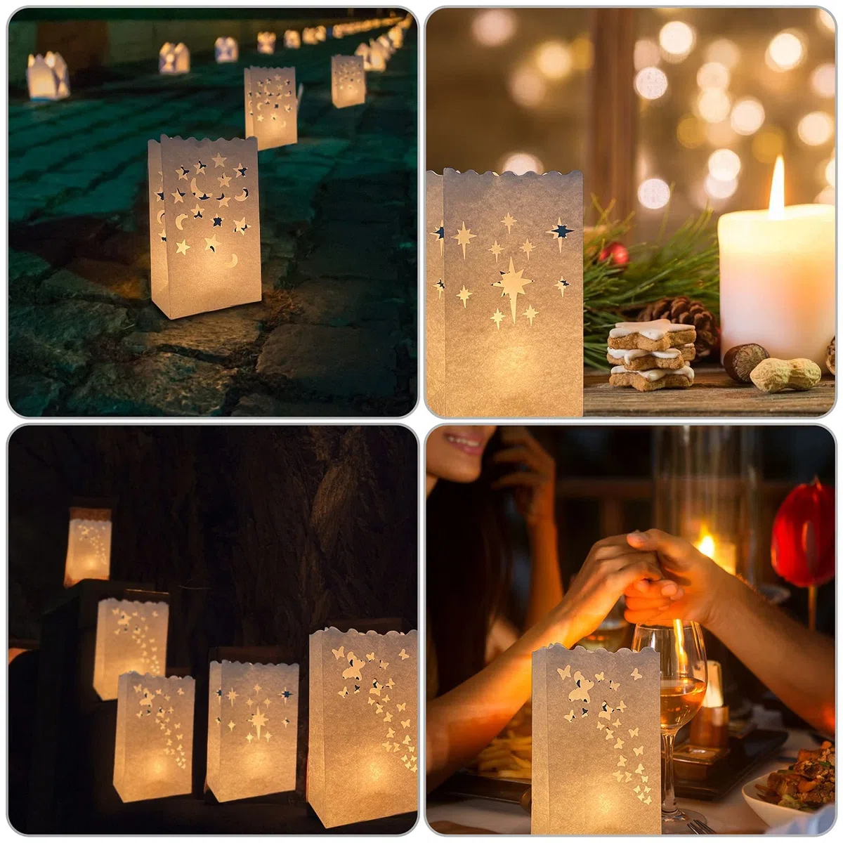 30 bolsas de vela, linterna papel, resistente a las llamas, reutilizables, blancas luminarias, mariposas, estrellas y lunas, diseñado para bodas, fiestas románticas, bodas, decoración