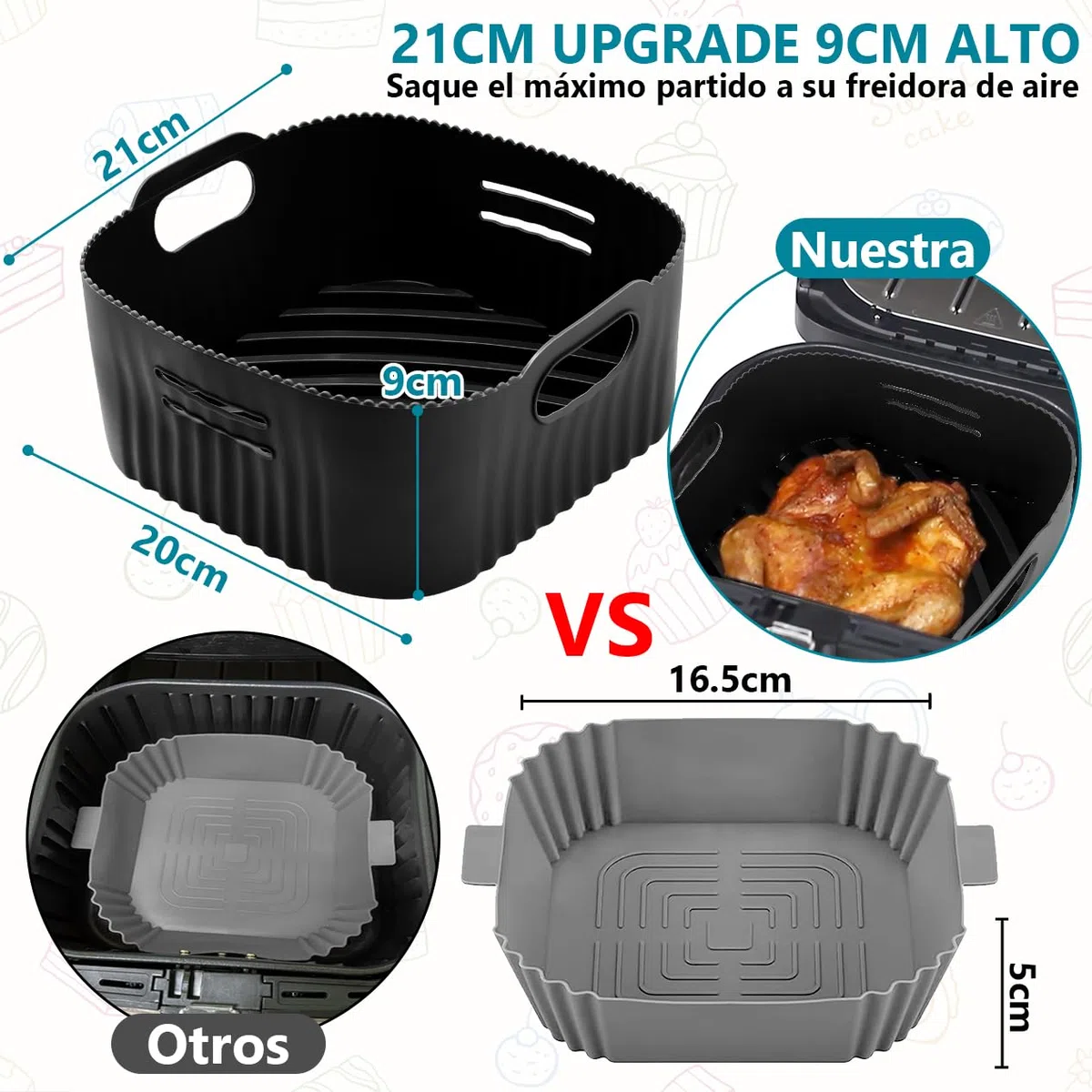 21CM Molde Silicona Freidora de Aire, 2PCS Cuadrado Accesorios Freidoras de Aire para COSORI 5,5L 4,7L, Cecotec 6L, 5,5L, Reutilizable Accesorios Freidora sin Aceite en lugar de Papel de Horno