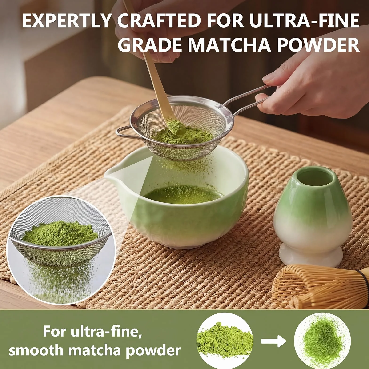 Matcha Kit 8 piezas, Kit Té Matcha Completo Con Cuenco Matcha, Batidor Matcha, Soporte para Batidor, Cuchara, Tamiz, Paño, Kit de Té Matcha Artesanal para Amantes el Matcha, Verde