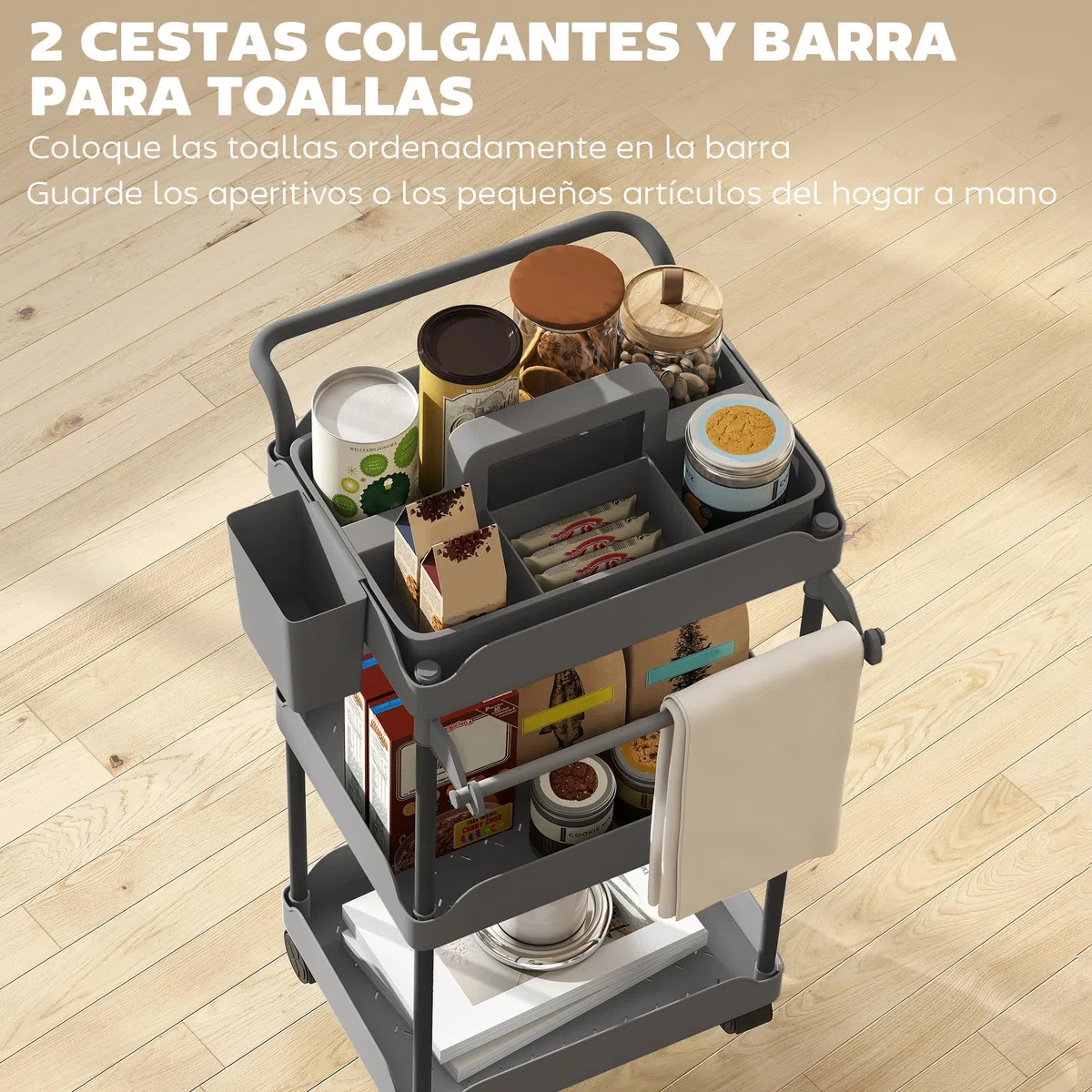 HOMCOM Carrito Auxiliar con Ruedas de 3 Niveles, Carrito de Cocina con Cestas Extraíbles, Ruedas con Freno, Soporte para Toallas y Marco de Metal, para Comedor, Salón, Baño, Oficina, Gris