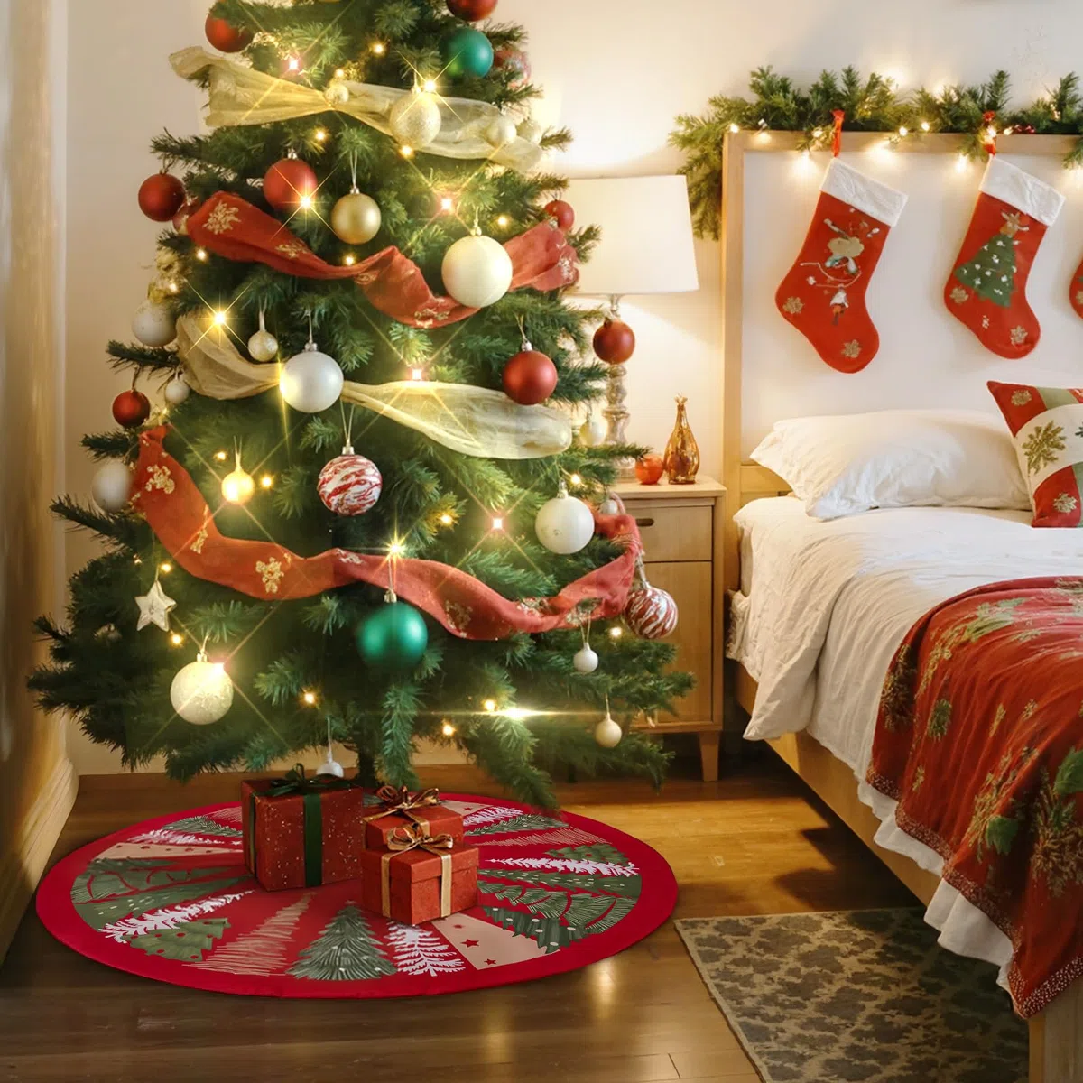 Lanpn Falda Cubre Pie para Arbol de Navidad de 90cm, Grande Terciopelo Árbol de Navidad Redondas, Cubiertas para Base Alfombra para Decoración Navideña de Interiores (Rojo)