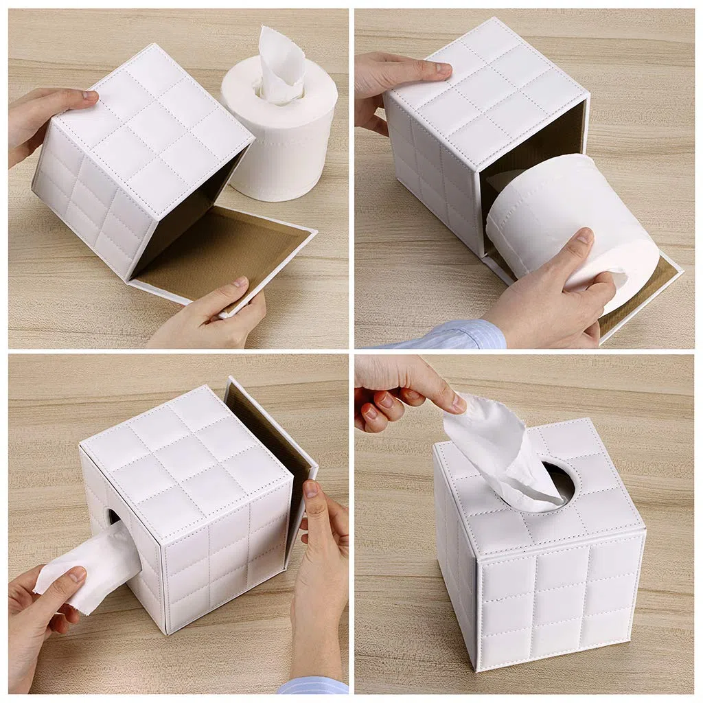 BTSKY Soporte para caja de pañuelos de piel sintética, para el hogar, oficina, pañuelos, servilletas, organizador de escritorio (cubo blanco)