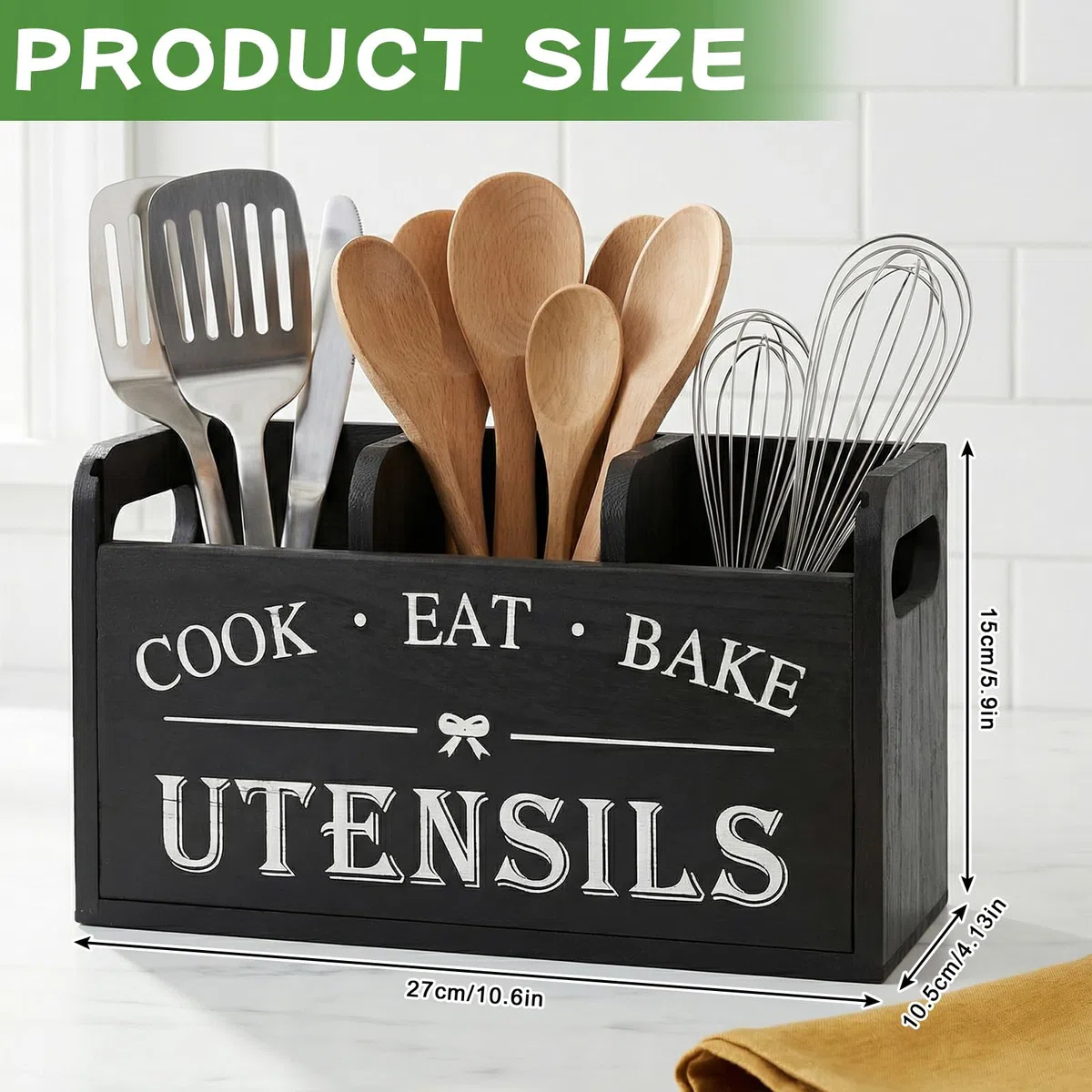 Porta Utensilios de Cocina Negro y Madera de Sicómoro con 3 Compartimentos Organizador de Cubiertos Soporte para Utensilios de Cocina con Orificios de Drenaje, Separador Extraíble 27 x 10,5 x 15 cm