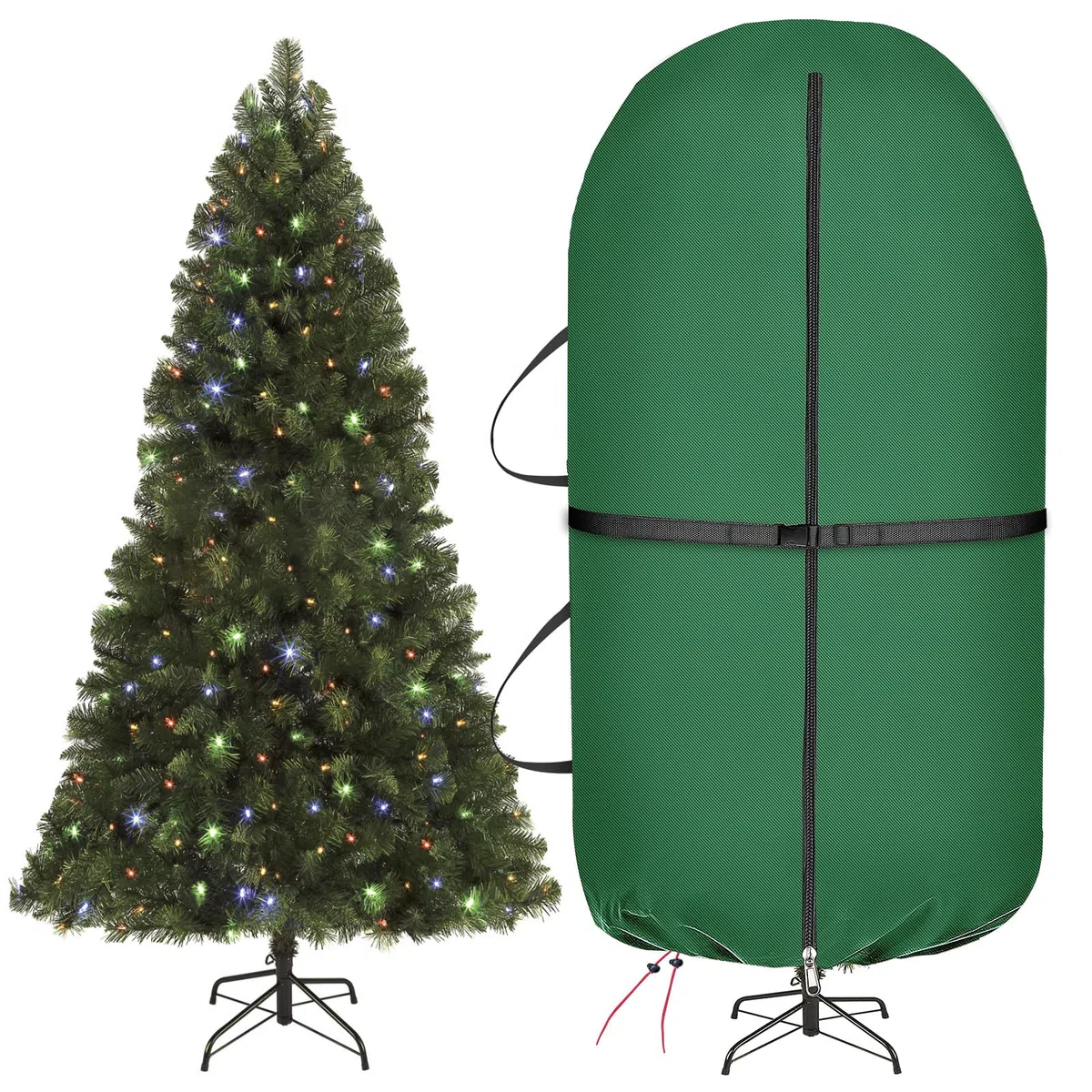 Bolsa de almacenamiento vertical para árbol de Navidad con correas de transporte ajustables, funda para árbol de Navidad con cremallera y cordón para árbol artificial de 2,30 m con joyas a prueba de