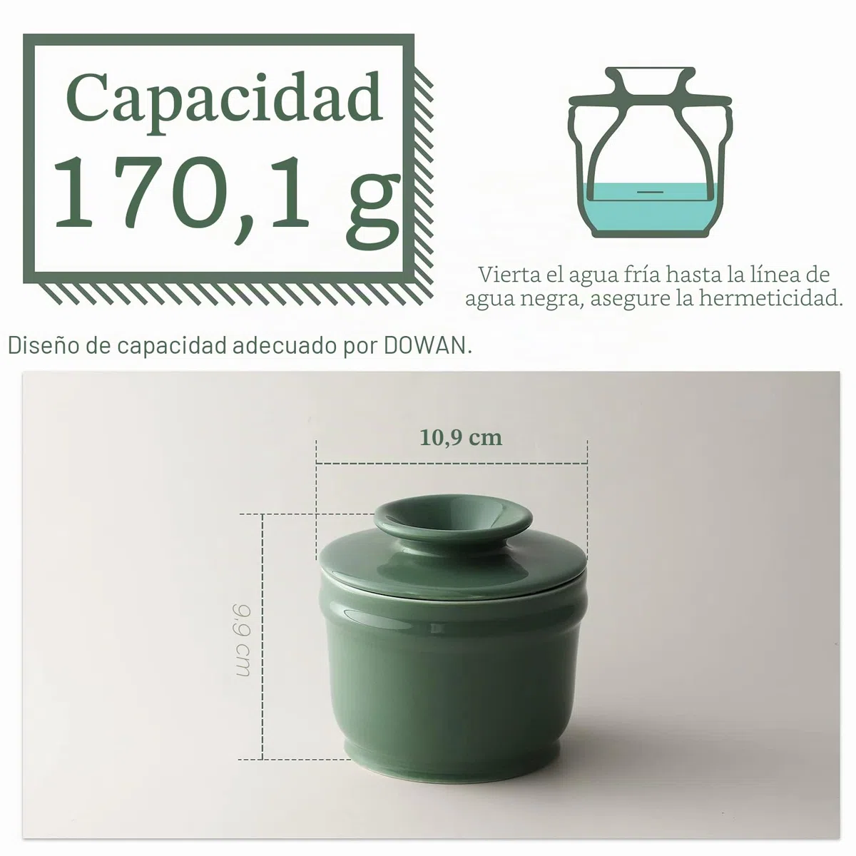 DOWAN Mantequera de Porcelana, Mantequera Francesa con Tapa para Mantequilla Fresca Suave, Recipiente para Mantequilla con Sabor Fresco, para la Manteca del Desayuno, Verde