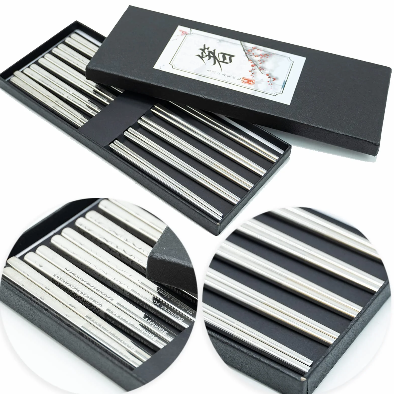 Palillos de acero inoxidable, 5 pares, metal japonés de, reutilizables, sostenedor de palillos de titanio, respetuoso con el medio ambiente, saludable para restaurante (embalaje de regalo)