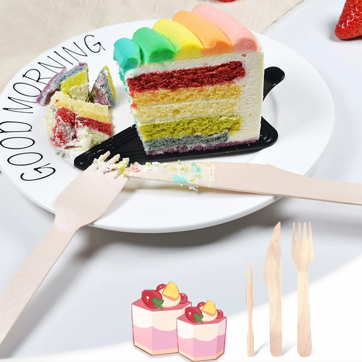 Juego de tenedor y cuchillo de madera desechable de 90 piezas, incluye 30 cuchillos, 30 tenedores y 30 palitos de fruta de bambú degradable