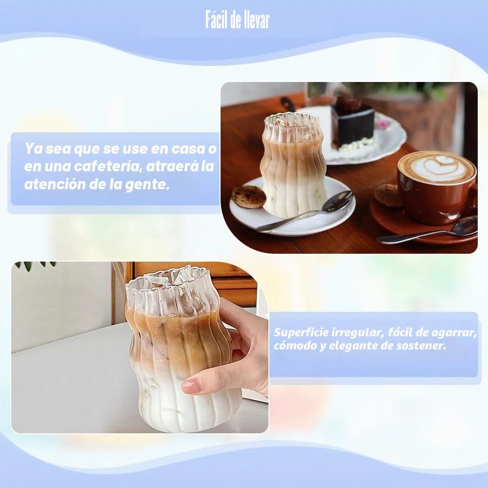 Kleemeiero 4 PCS Vasos de Vidrio para Café 530ML Vasos de Cristal con Forma de Ondulada, Tazas para Batidos, Vasos de Cóctel, Cerveza, Whisky, Latte, Macchiato, Hacer Bebidas y Fiesta Verano