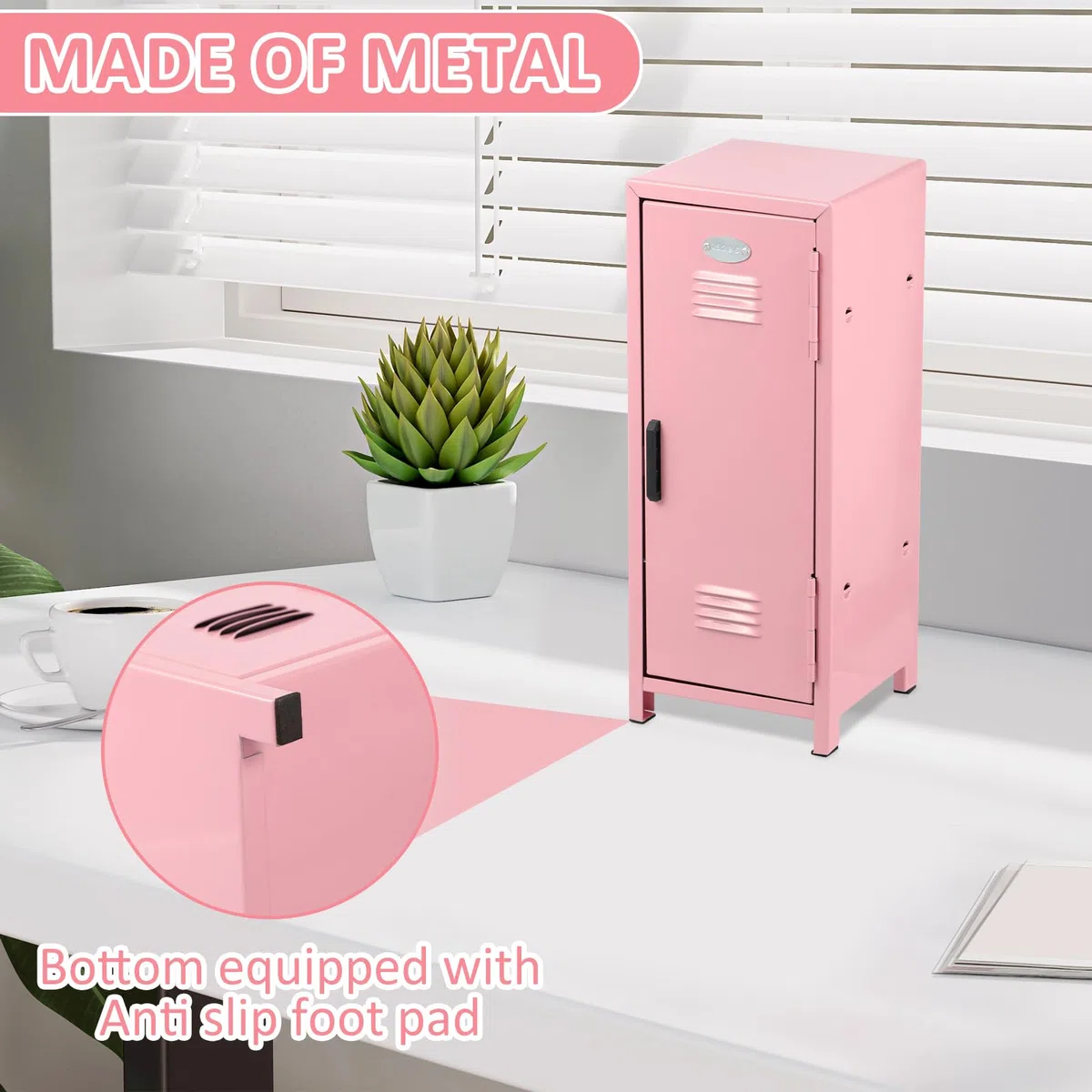 Mini armario con cerradura y llave, de metal roto, pequeño armario portátil, práctico armario de almacenamiento, con compartimentos para escritorio, niñas, niños (rosa)
