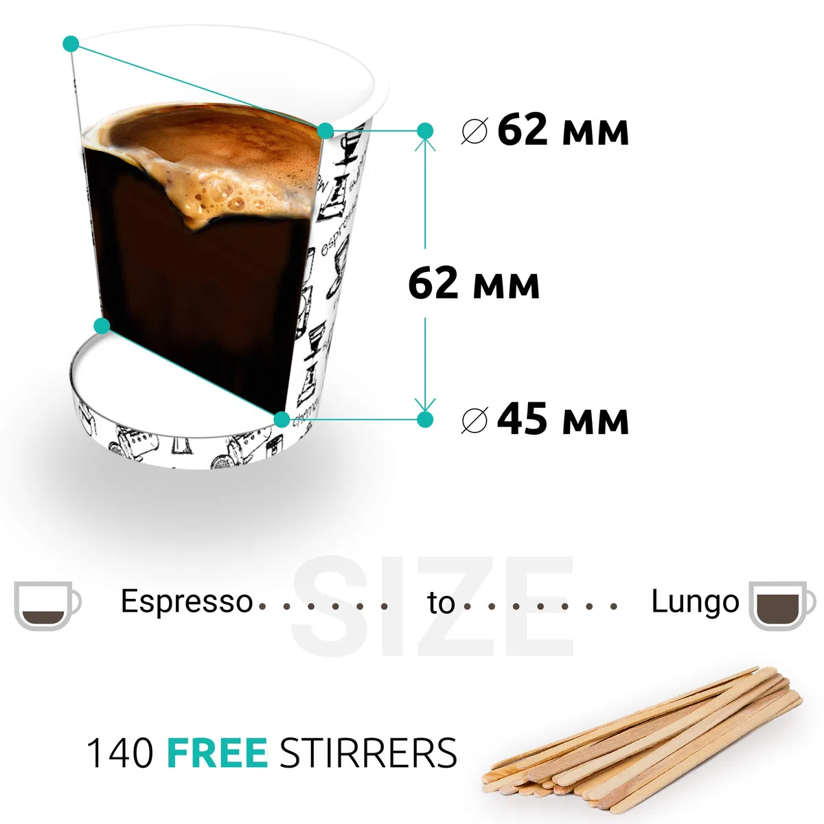 CupCup 140 Vasos Carton Desechables para Café Espresso 110 ml con Agitadores de Madera para Café Para Llevar