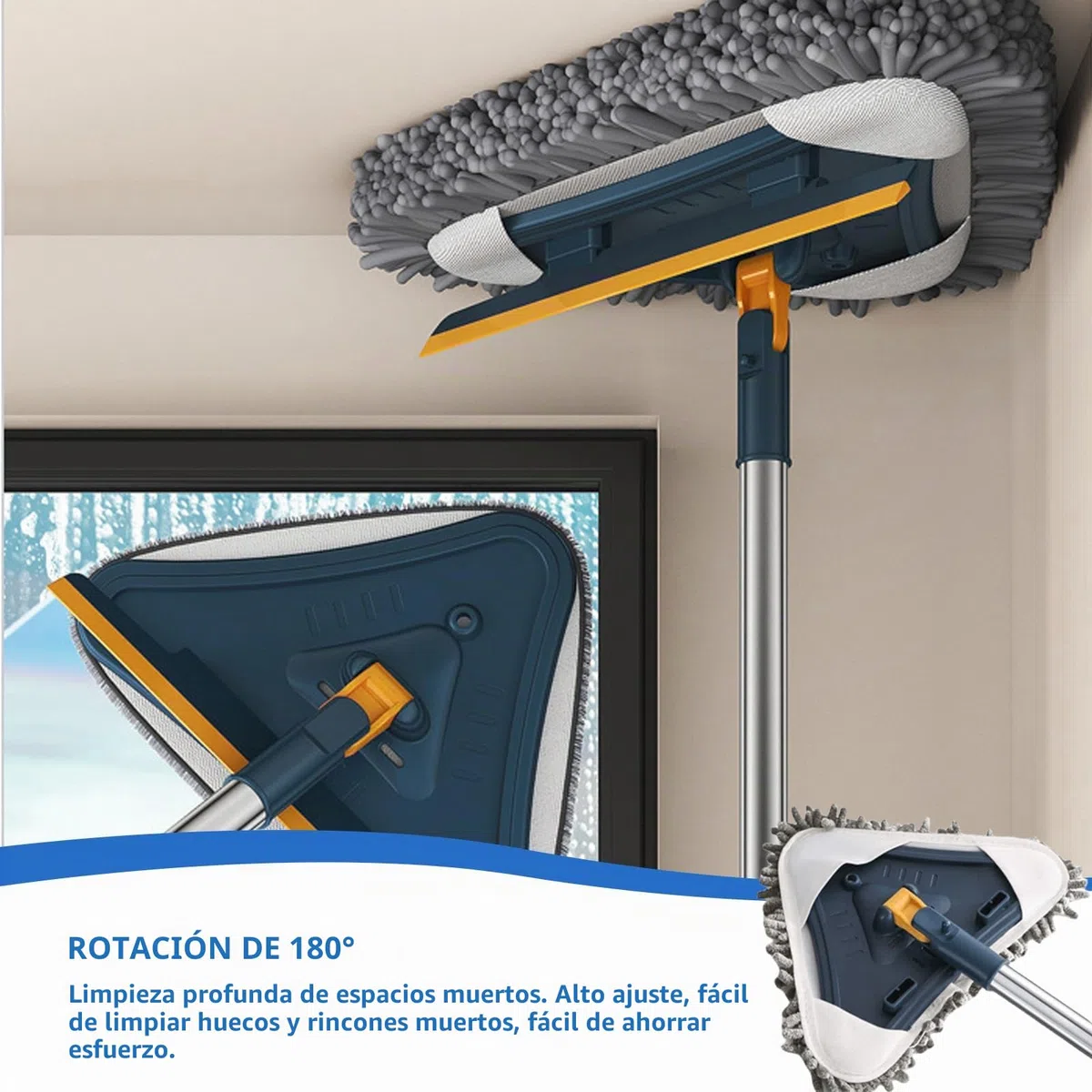 Mopa de limpieza triangular de 360 grados, fregona de azulejos y pared, limpiador de ventanas con mango largo, fregona giratoria ajustable y multifuncional, para