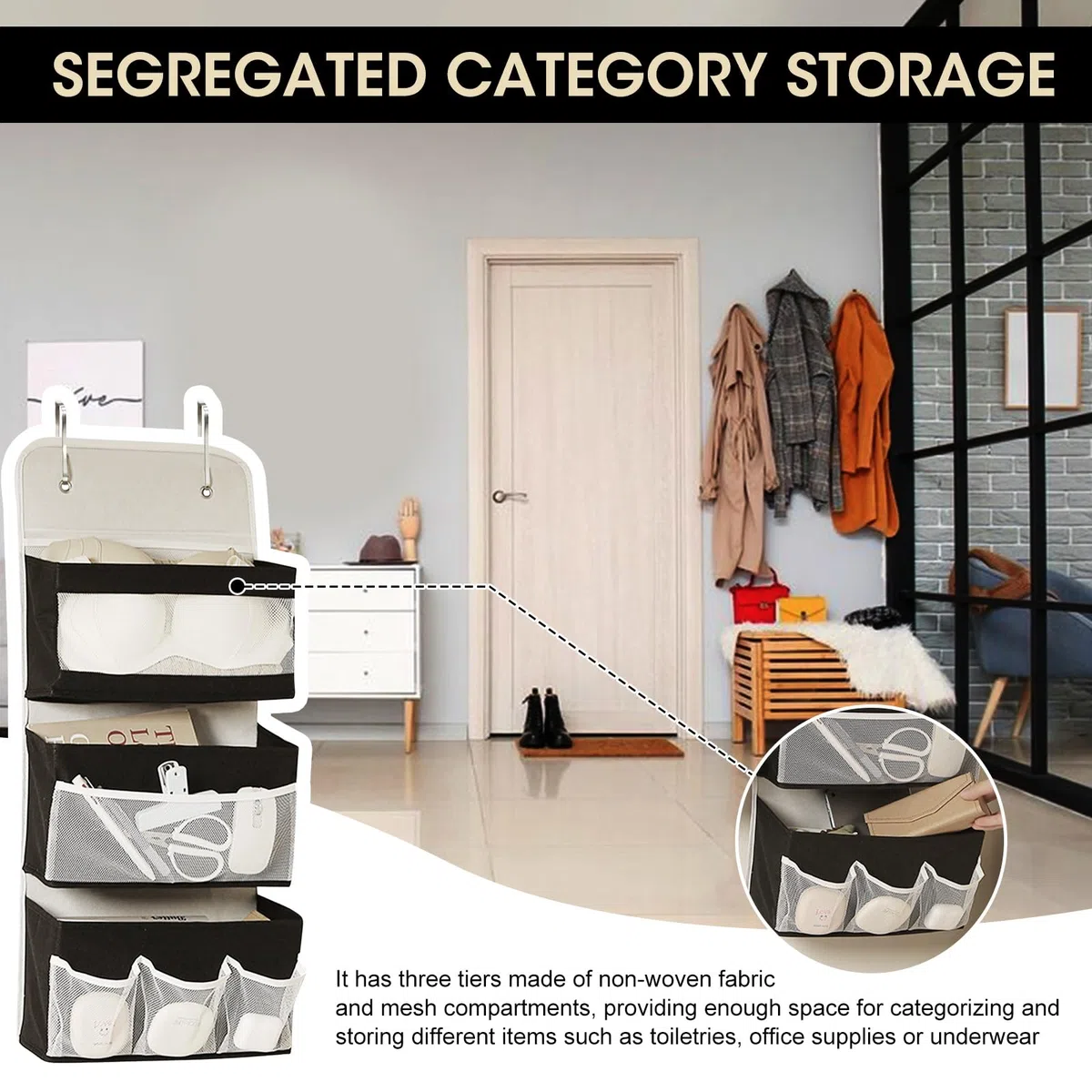 Organizador Armario Colgante, Organizador Colgante Para Baño y Puerta, OrganizadorPuerta 67,5*29,5 cm, Zapatero Tela Plegable, ZapateroPuerta Que Ahorra Espacio, EstanteriasColgantes 3 Pisos, 1 Ud