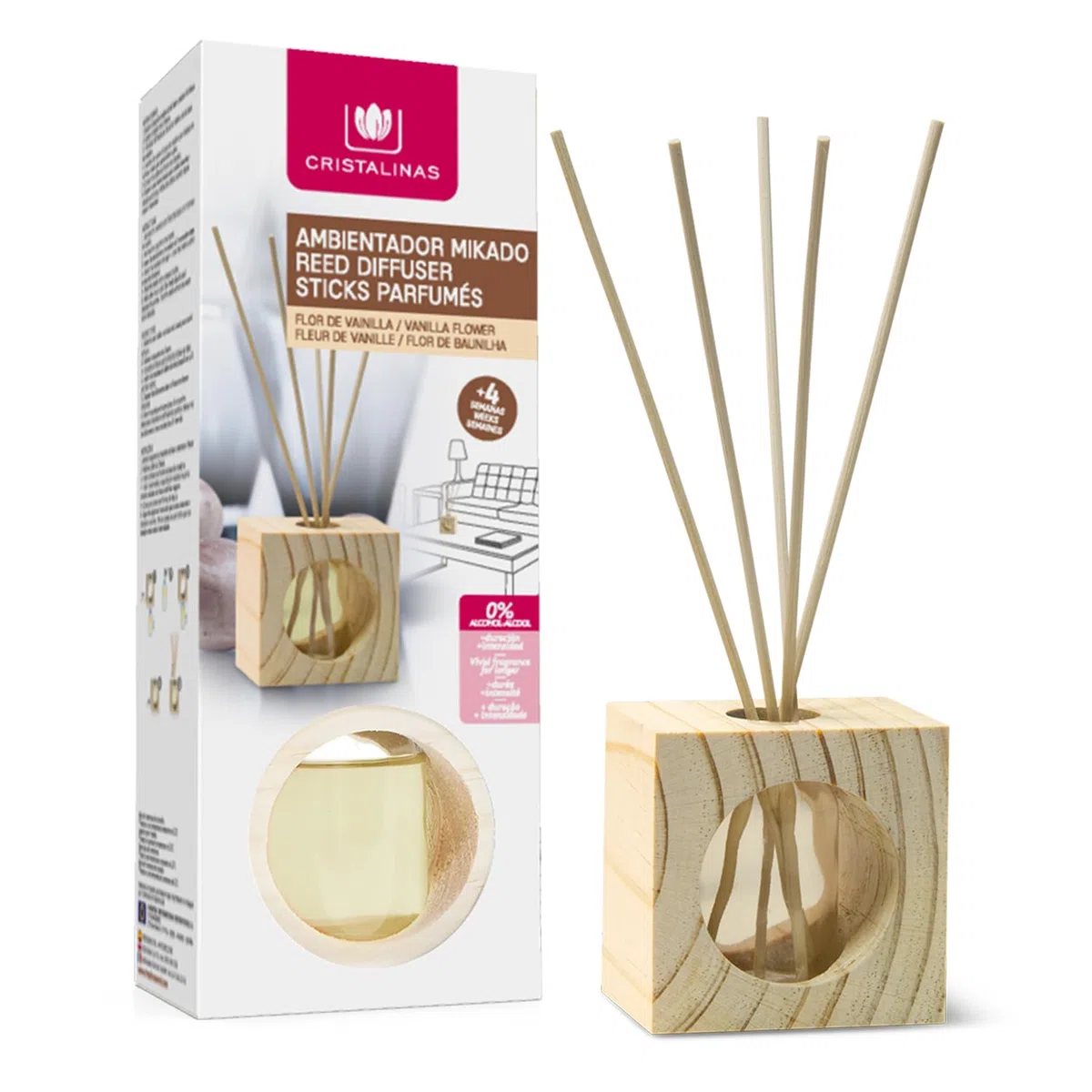 CRISTALINAS | Pack 3 Ambientador Hogar Mikado Cubo de Madera | Aroma Vainilla | 100% Puro | Larga Duración 4 Semanas | 3x30ml | 0% Alcohol