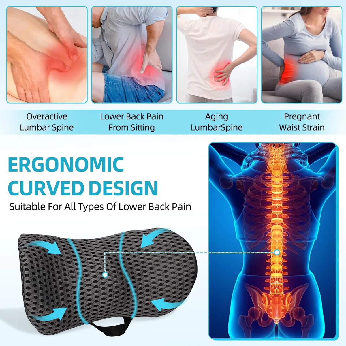 Cojín Lumbar ergonómico - Cojín Lumbar Silla Oficina,Cojín Lumbars Dormir con Funda Transpirable y Correa Ajustable,Almohada Lumbars Ergonómico para Coche,Silla Oficina,Cama,Sofá